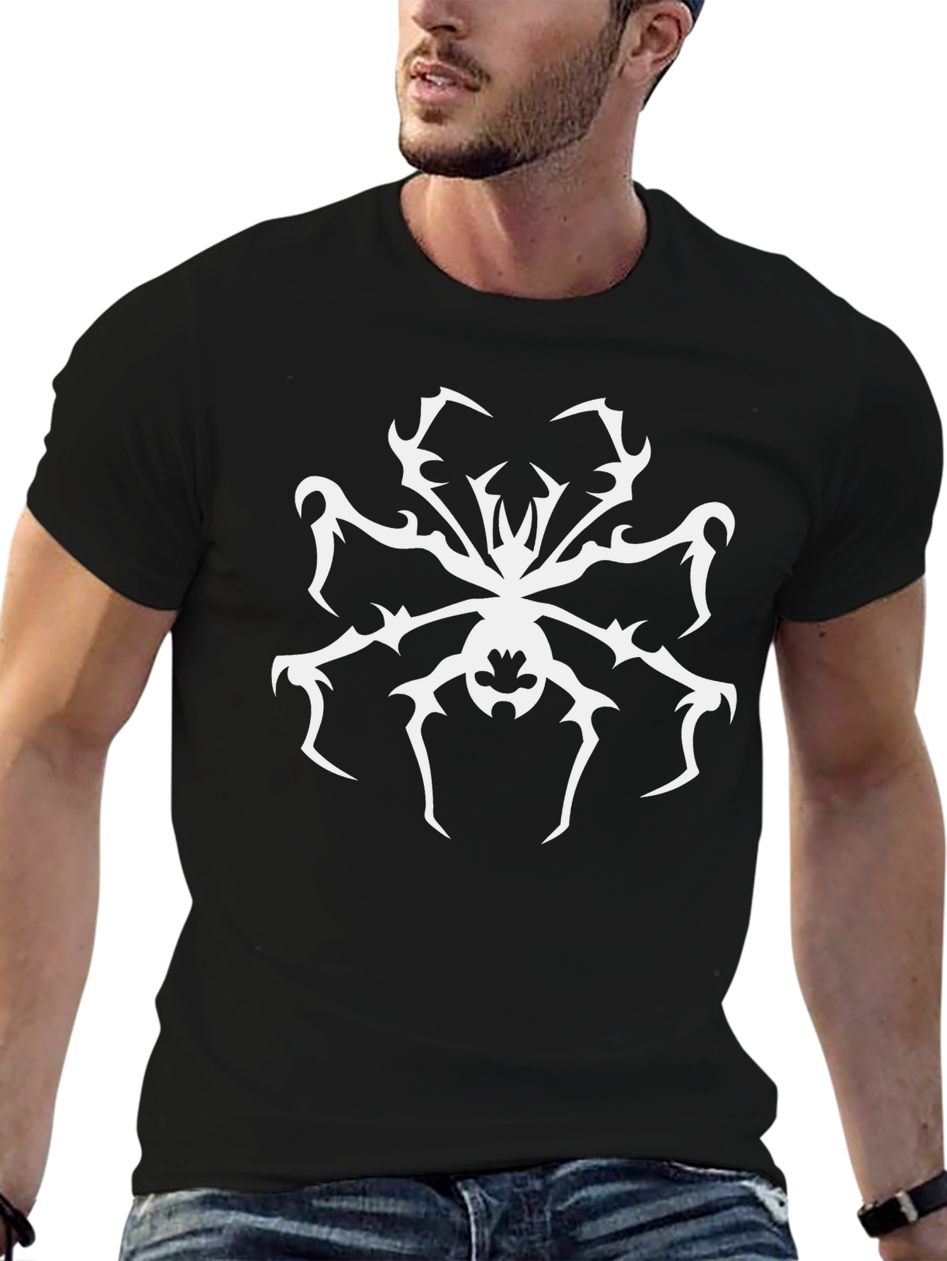 Black T-Shirt with White Tribal Spider Design