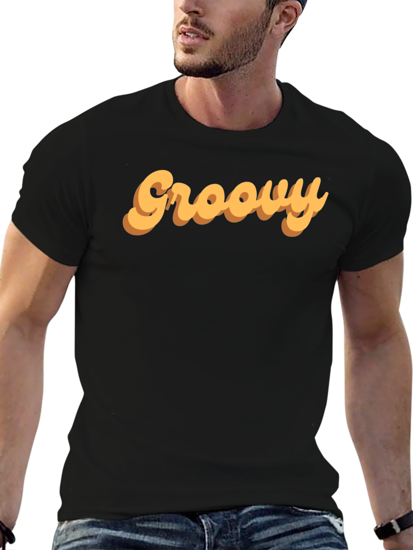 Groovy Retro Style Graphic Tee - Black Cotton T-Shirt