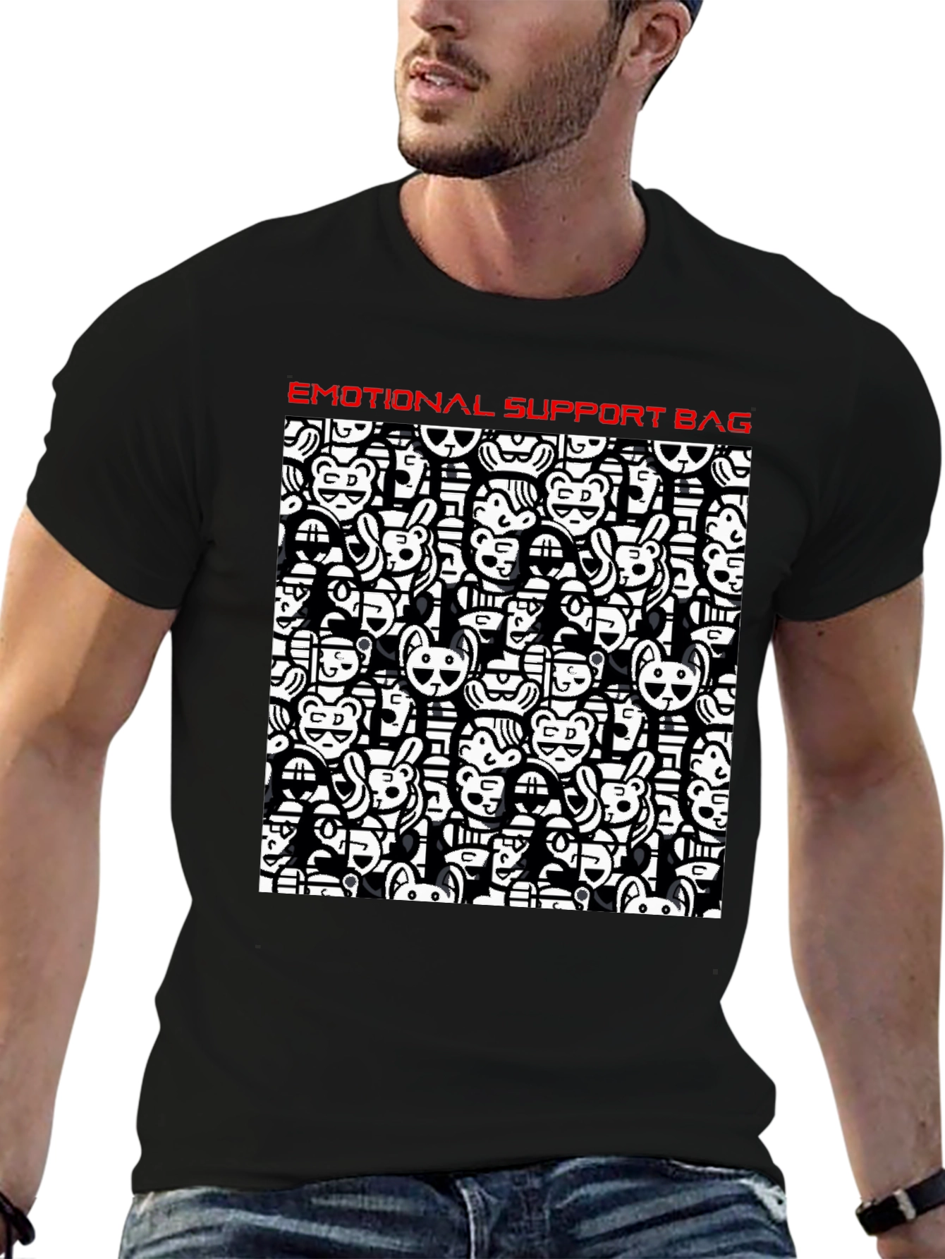 Emotional Support Black Cotton Graphic T-Shirt