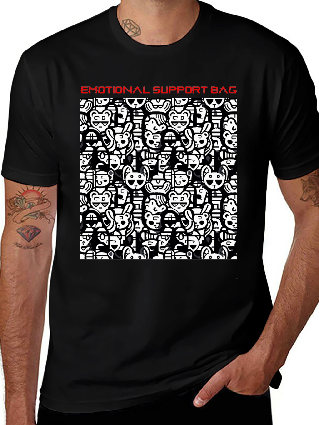 Emotional Support Black Cotton Graphic T-Shirt