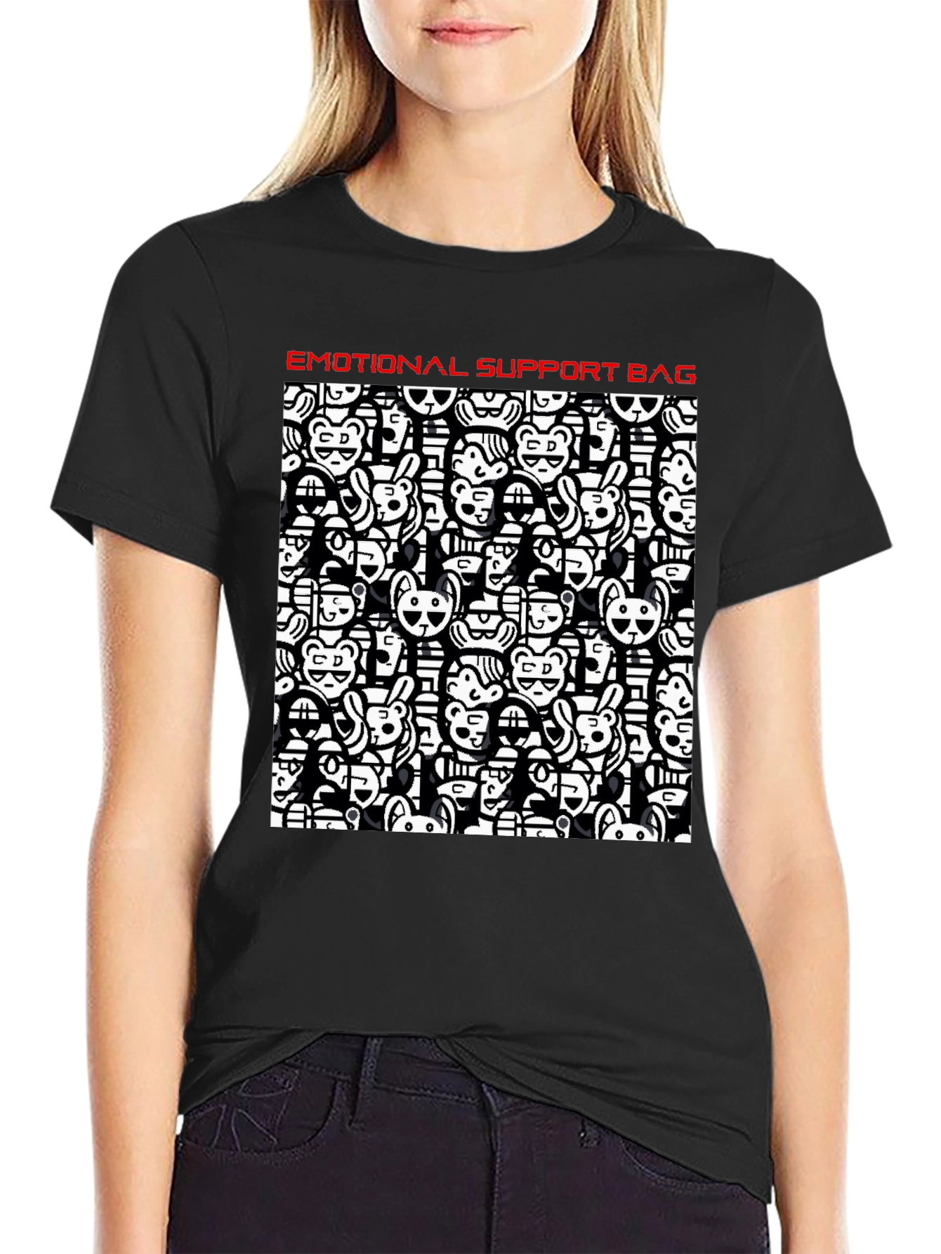 Emotional Support Black Cotton Graphic T-Shirt