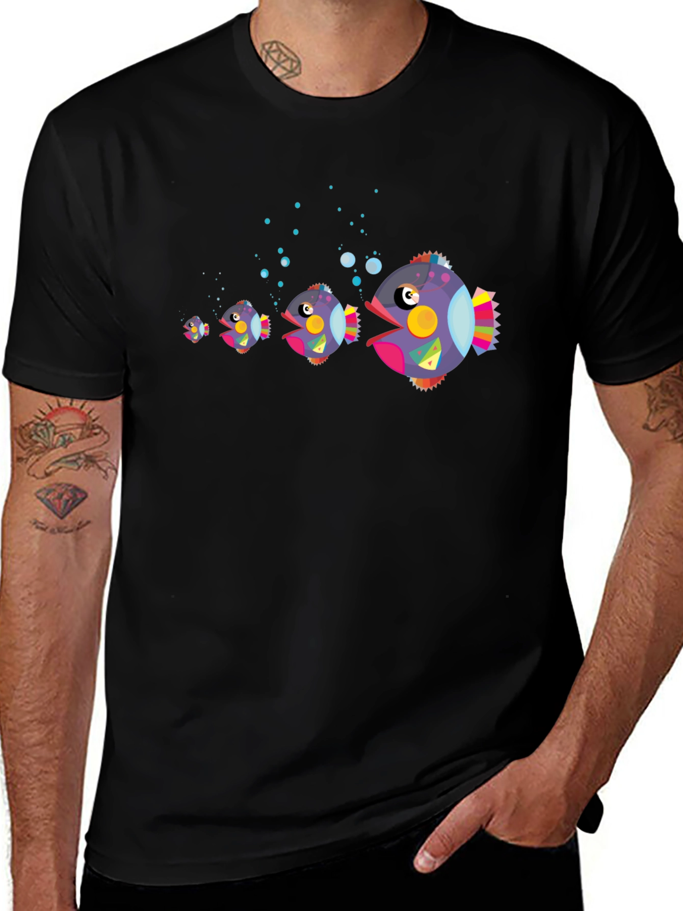 Fish Eat Fish Graphic Print Black T-Shirt