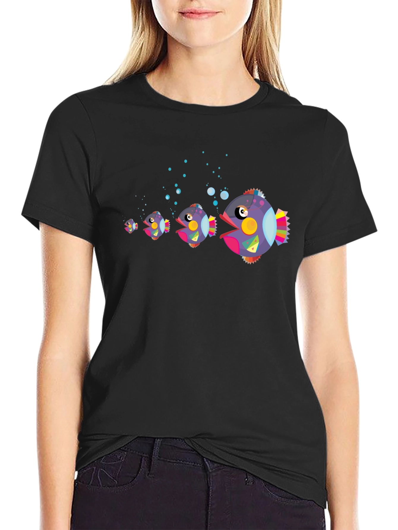 Fish Eat Fish Graphic Print Black T-Shirt