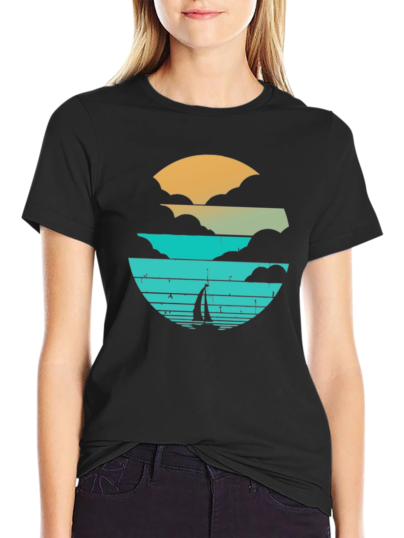 Sunset Sailboat Graphic Tee - Black