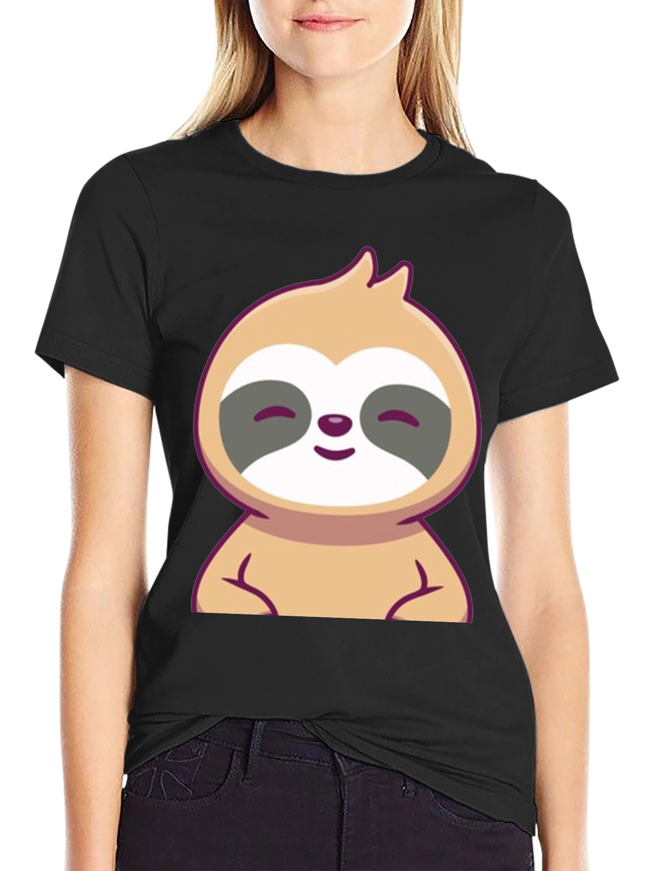 Cute Sloth Graphic Tee - Black Cotton T-Shirt