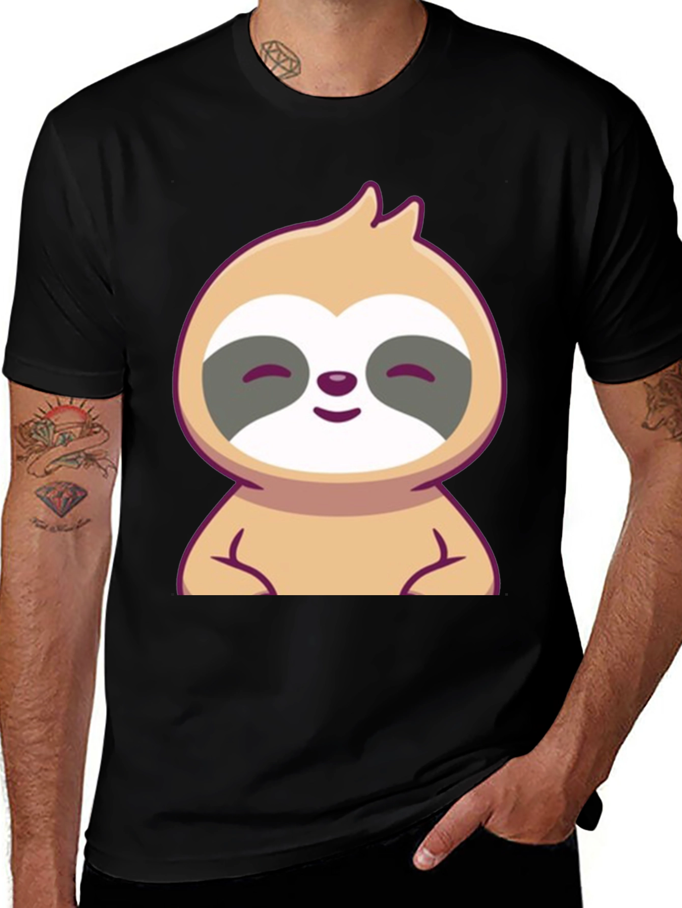 Cute Sloth Graphic Tee - Black Cotton T-Shirt