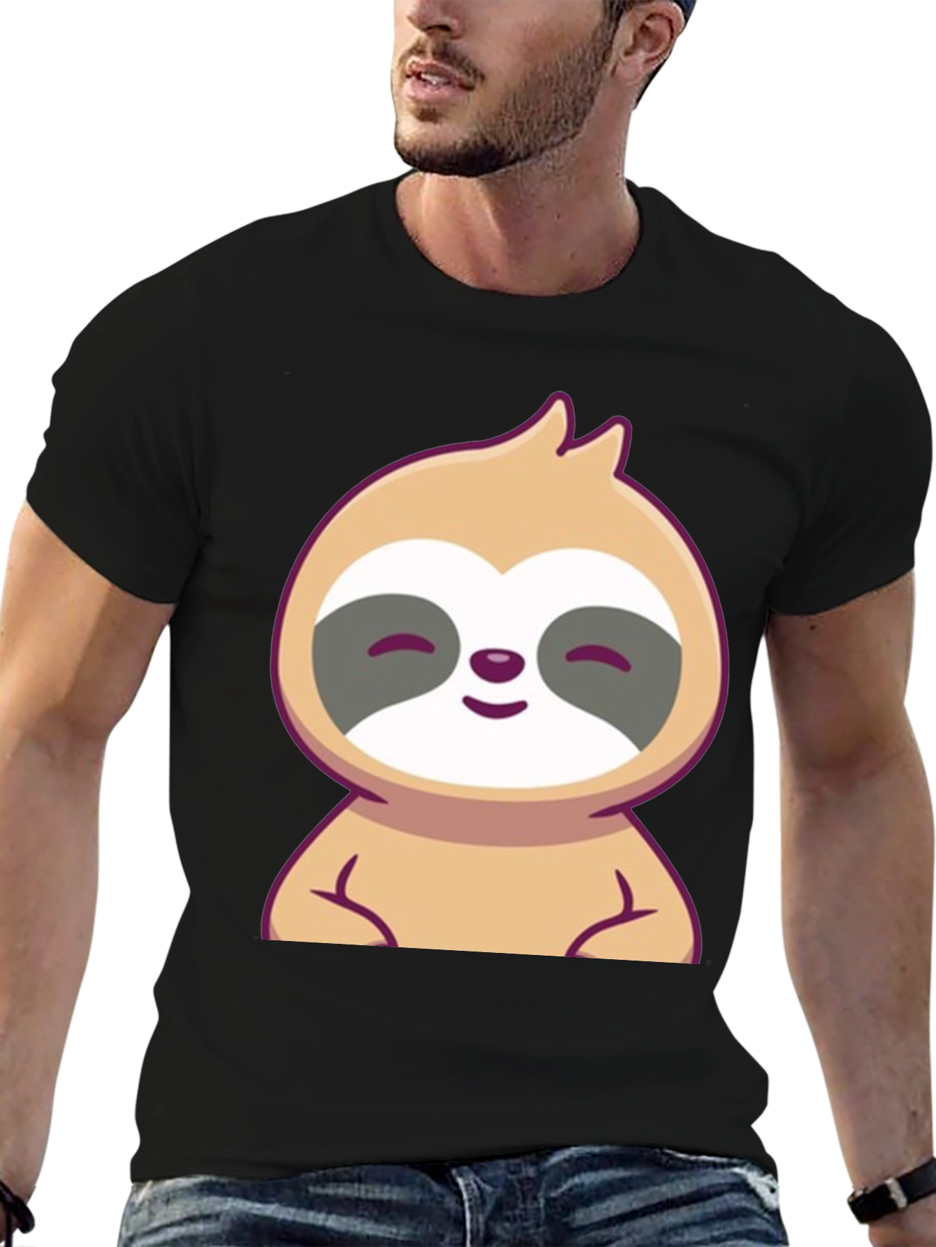 Cute Sloth Graphic Tee - Black Cotton T-Shirt