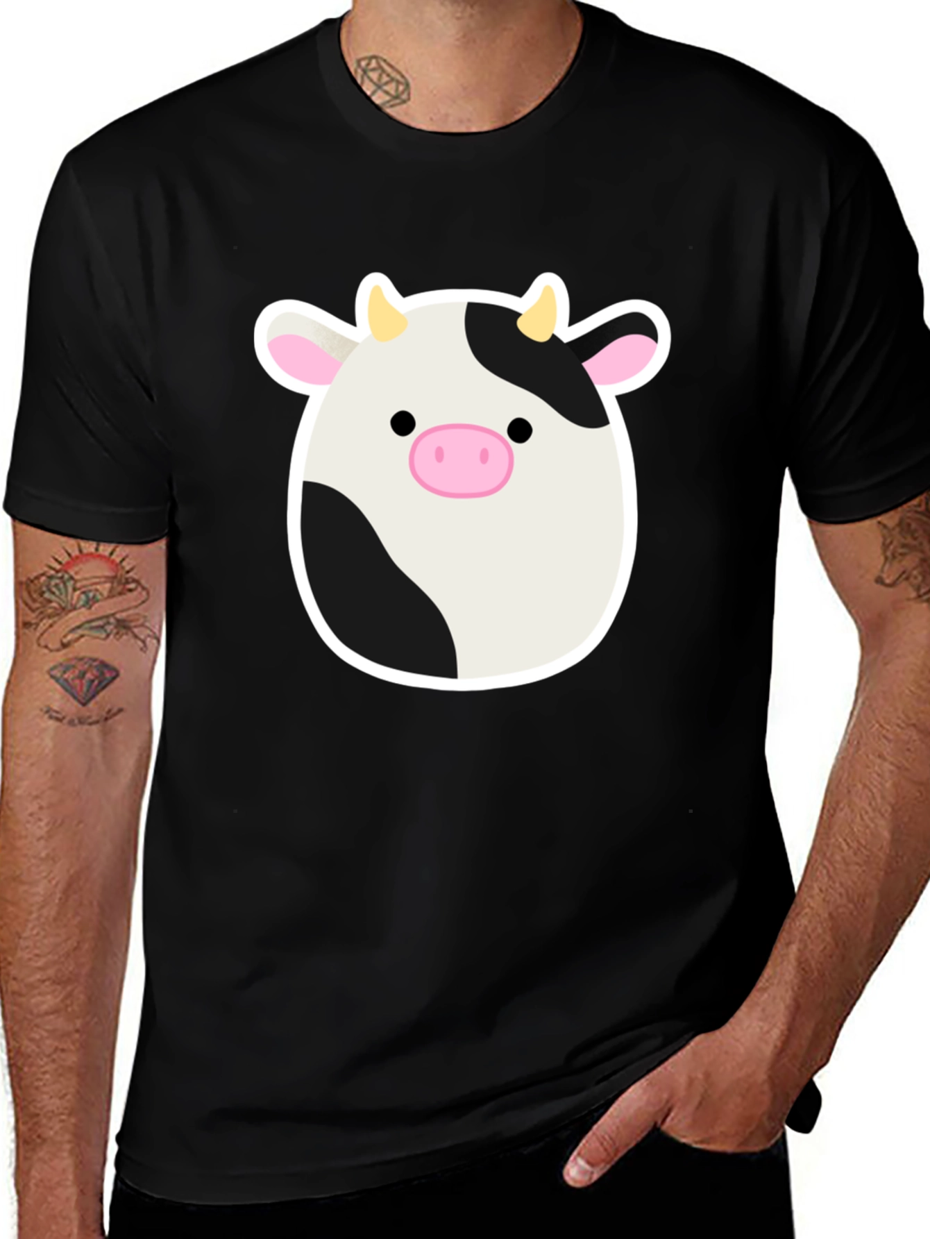 Cute Cartoon Cow Graphic Print Black T-Shirt