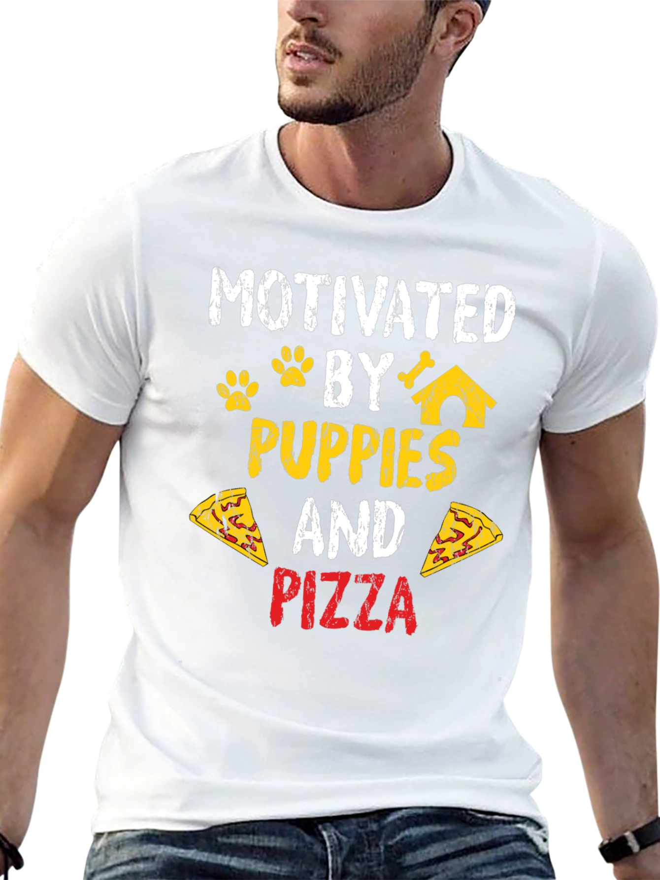 Motivated by Puppies and Pizza Black T-Shirt