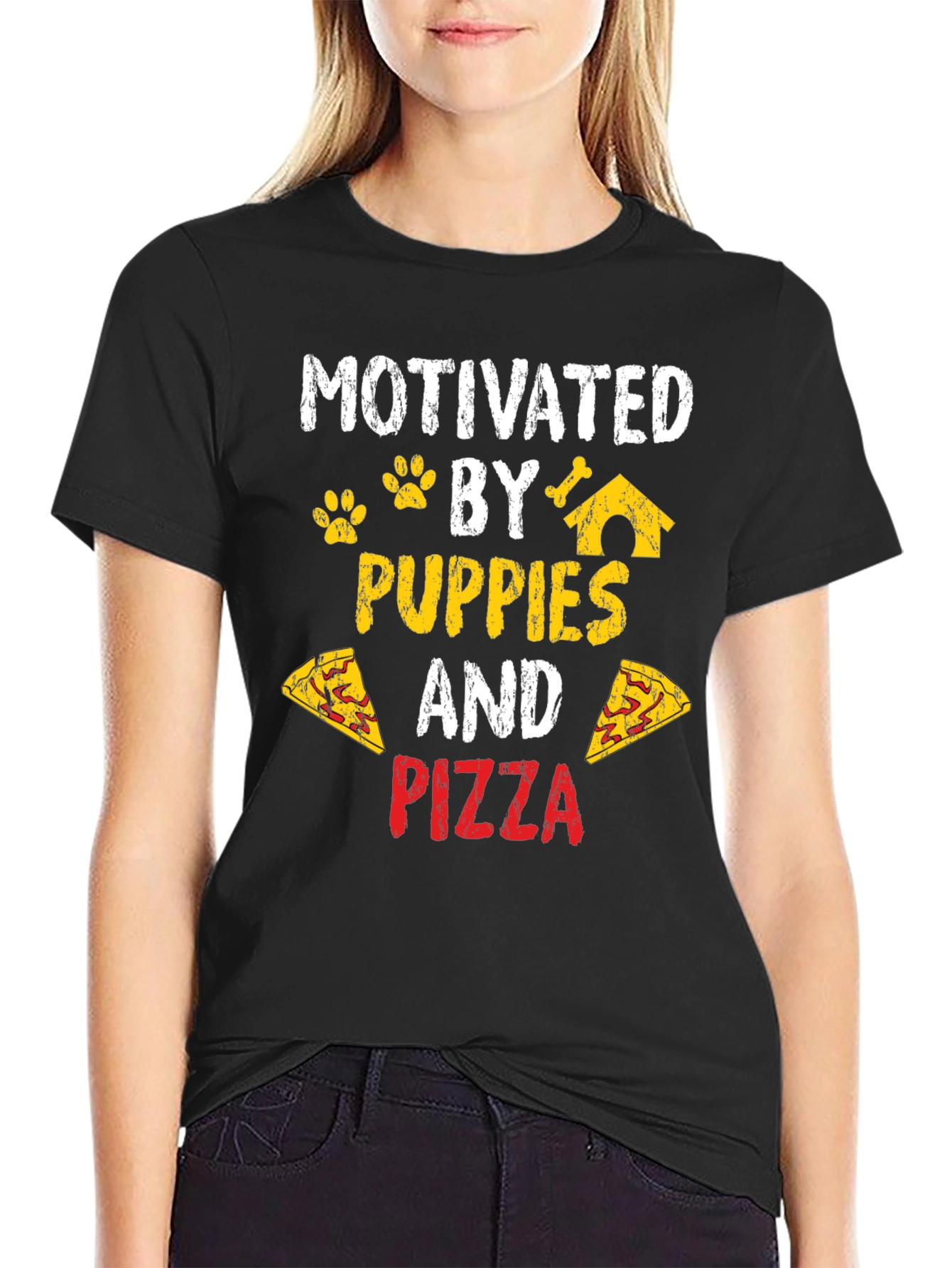 Motivated by Puppies and Pizza Black T-Shirt