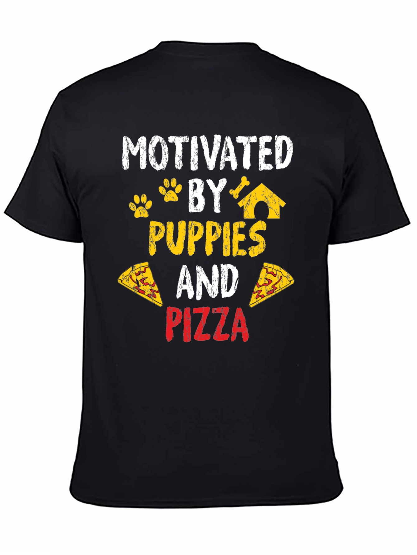 Motivated by Puppies and Pizza Black T-Shirt