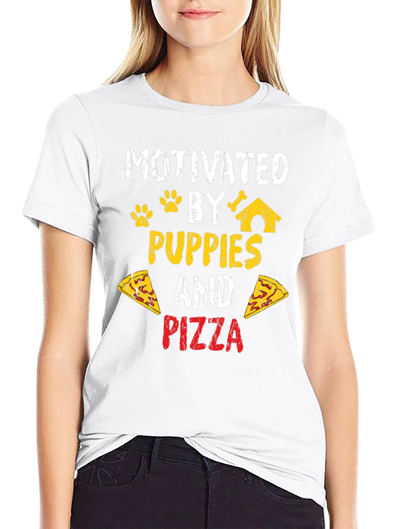 Motivated by Puppies and Pizza Black T-Shirt