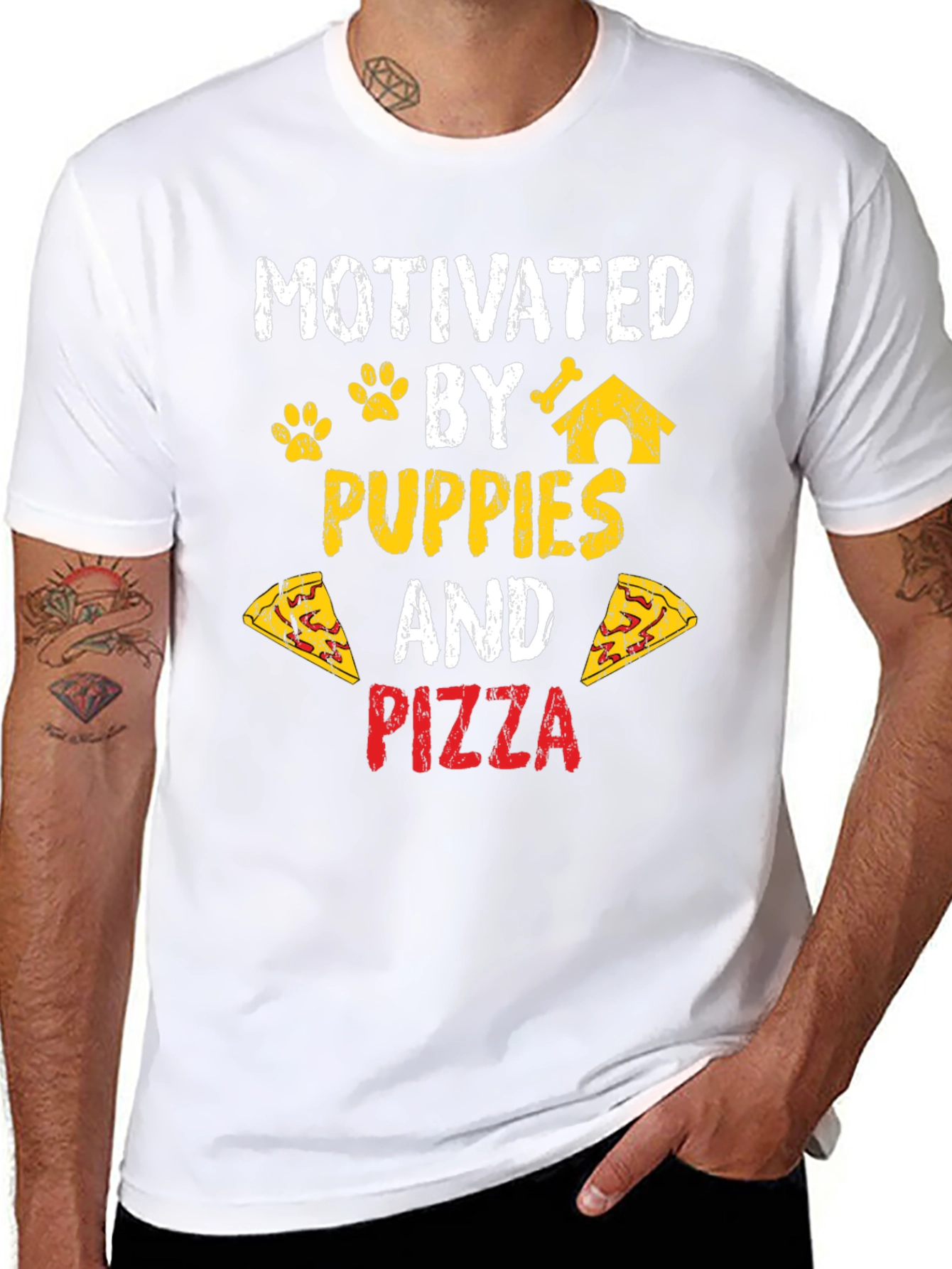 Motivated by Puppies and Pizza Black T-Shirt