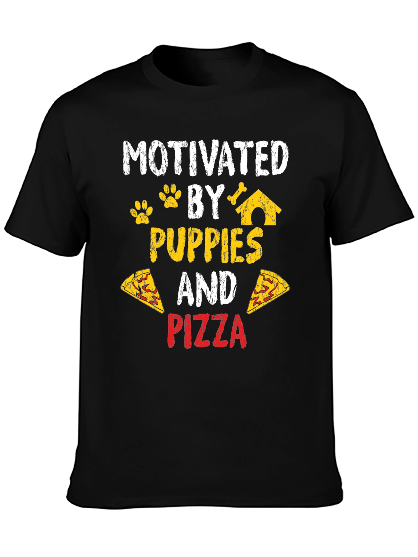 Motivated by Puppies and Pizza Black T-Shirt