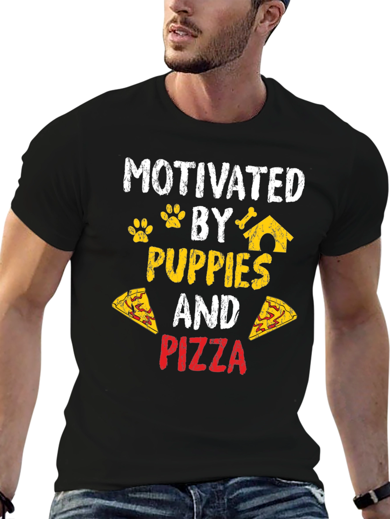 Motivated by Puppies and Pizza Black T-Shirt