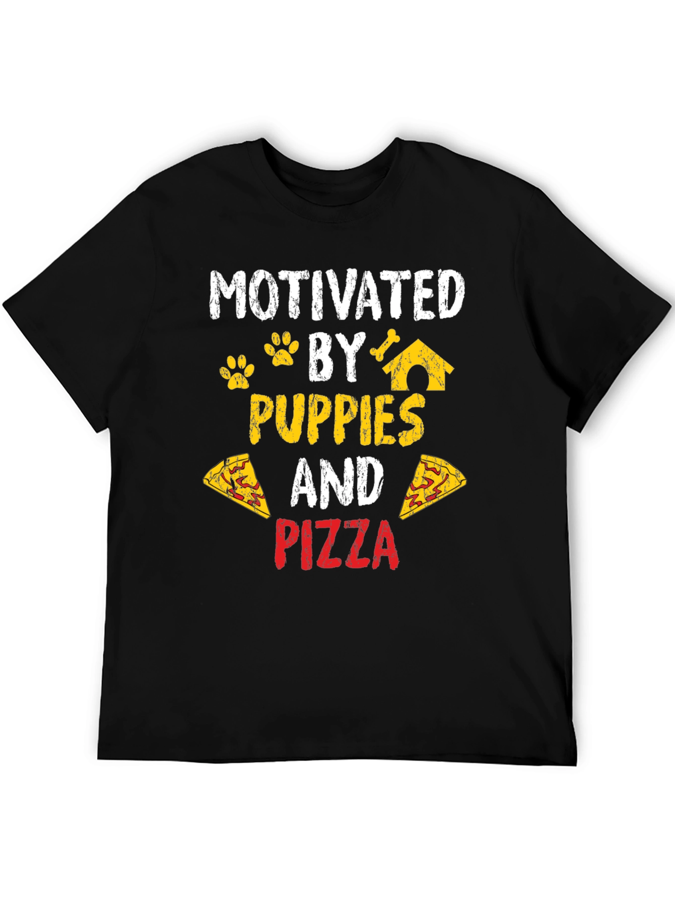 Motivated by Puppies and Pizza Black T-Shirt
