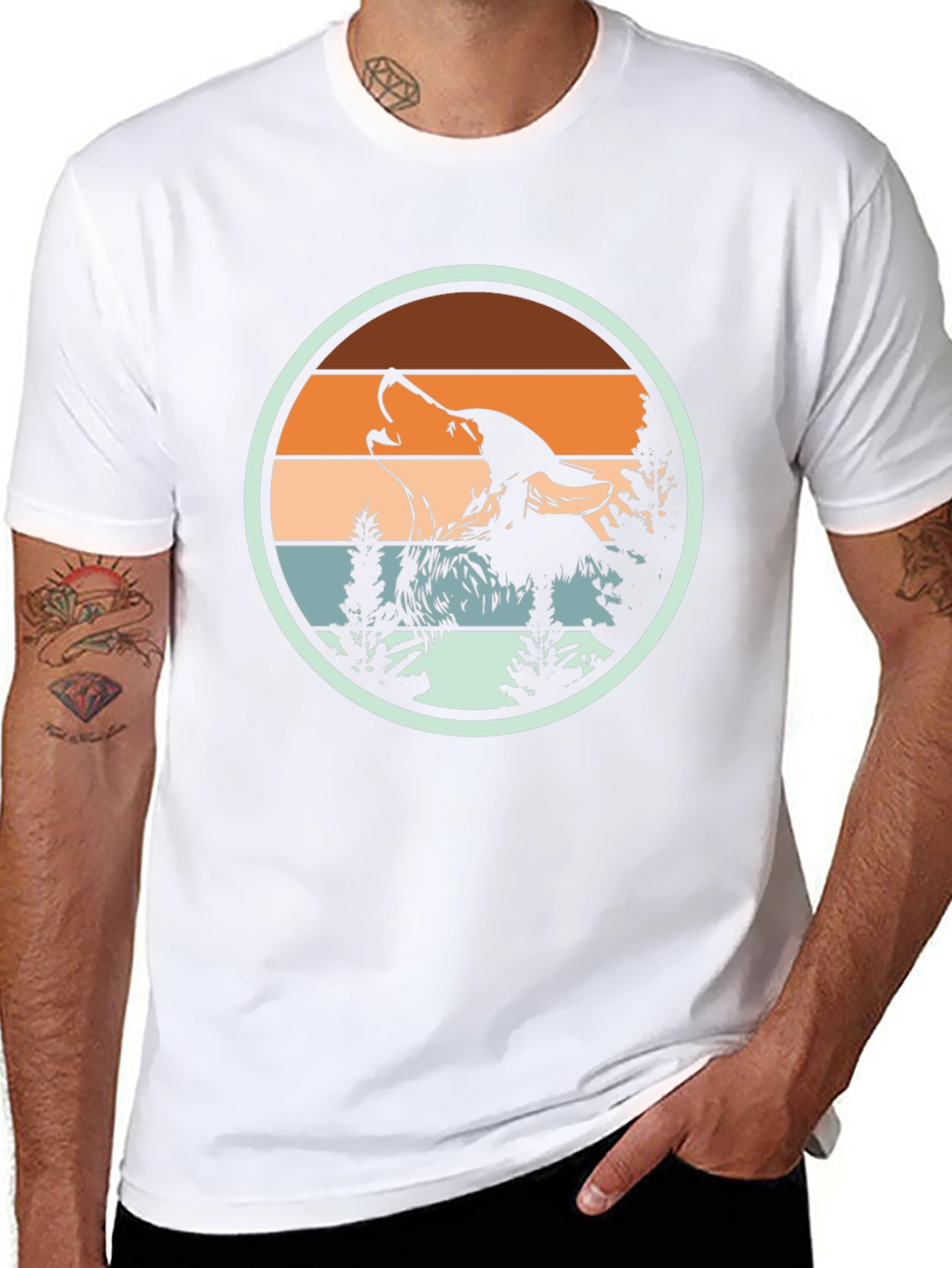Wolf Howling Retro Sunset Graphic T-Shirt