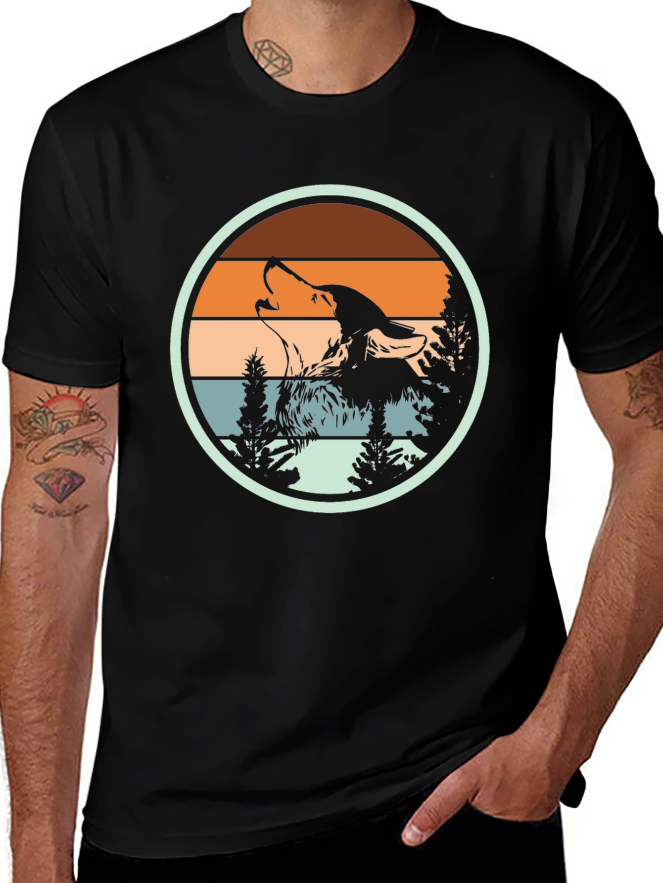 Wolf Howling Retro Sunset Graphic T-Shirt