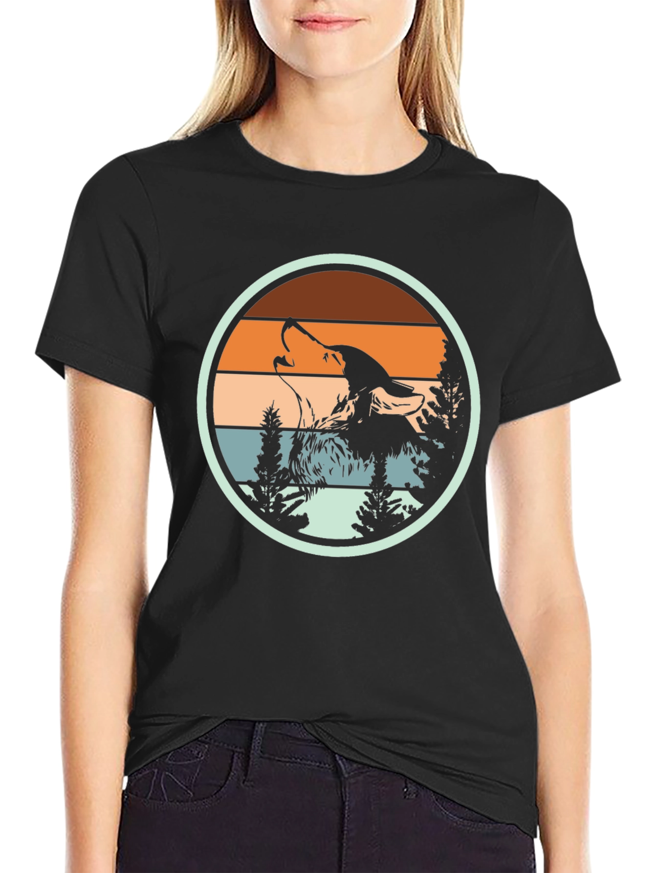Wolf Howling Retro Sunset Graphic T-Shirt