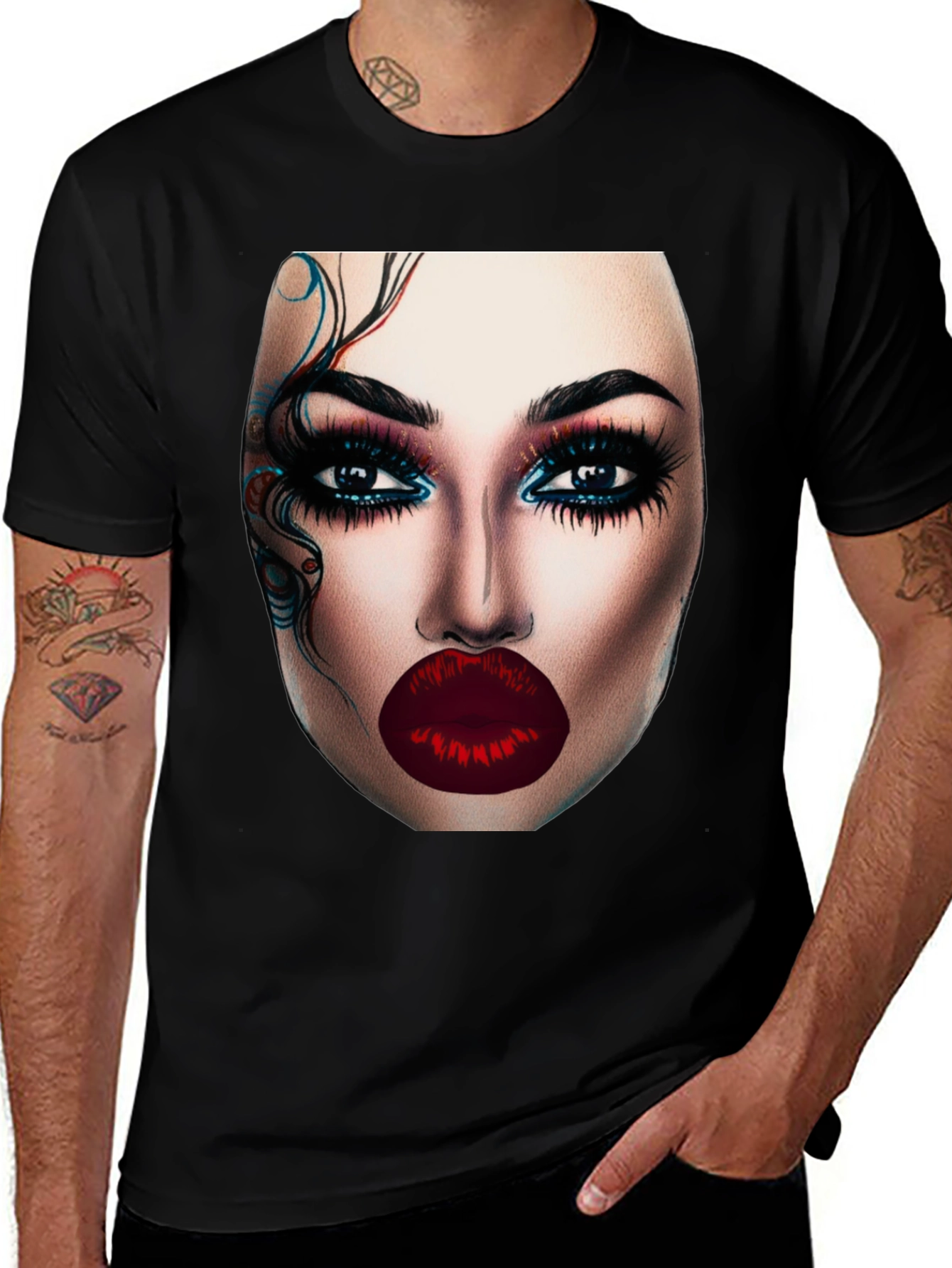 Glamorous Makeup Face Graphic Black T-Shirt