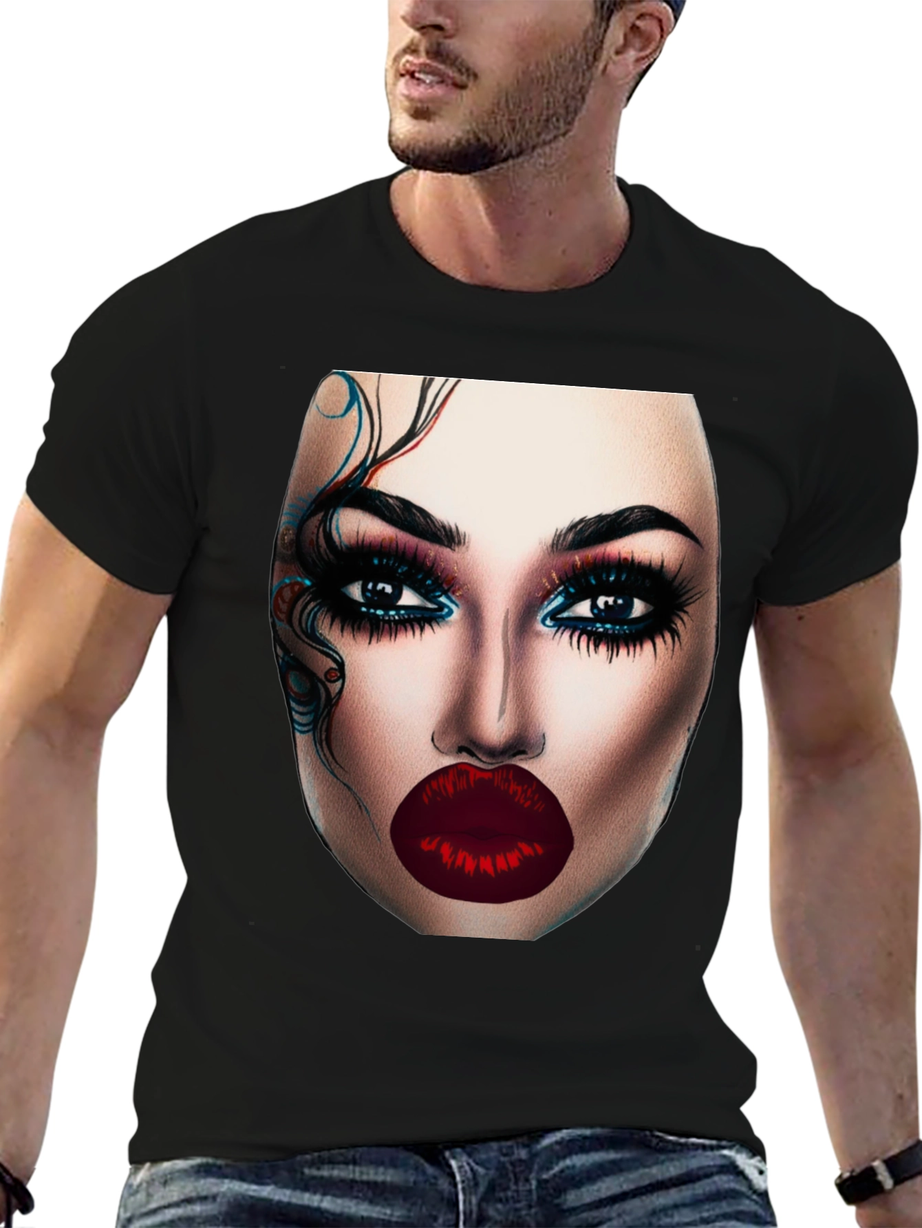 Glamorous Makeup Face Graphic Black T-Shirt