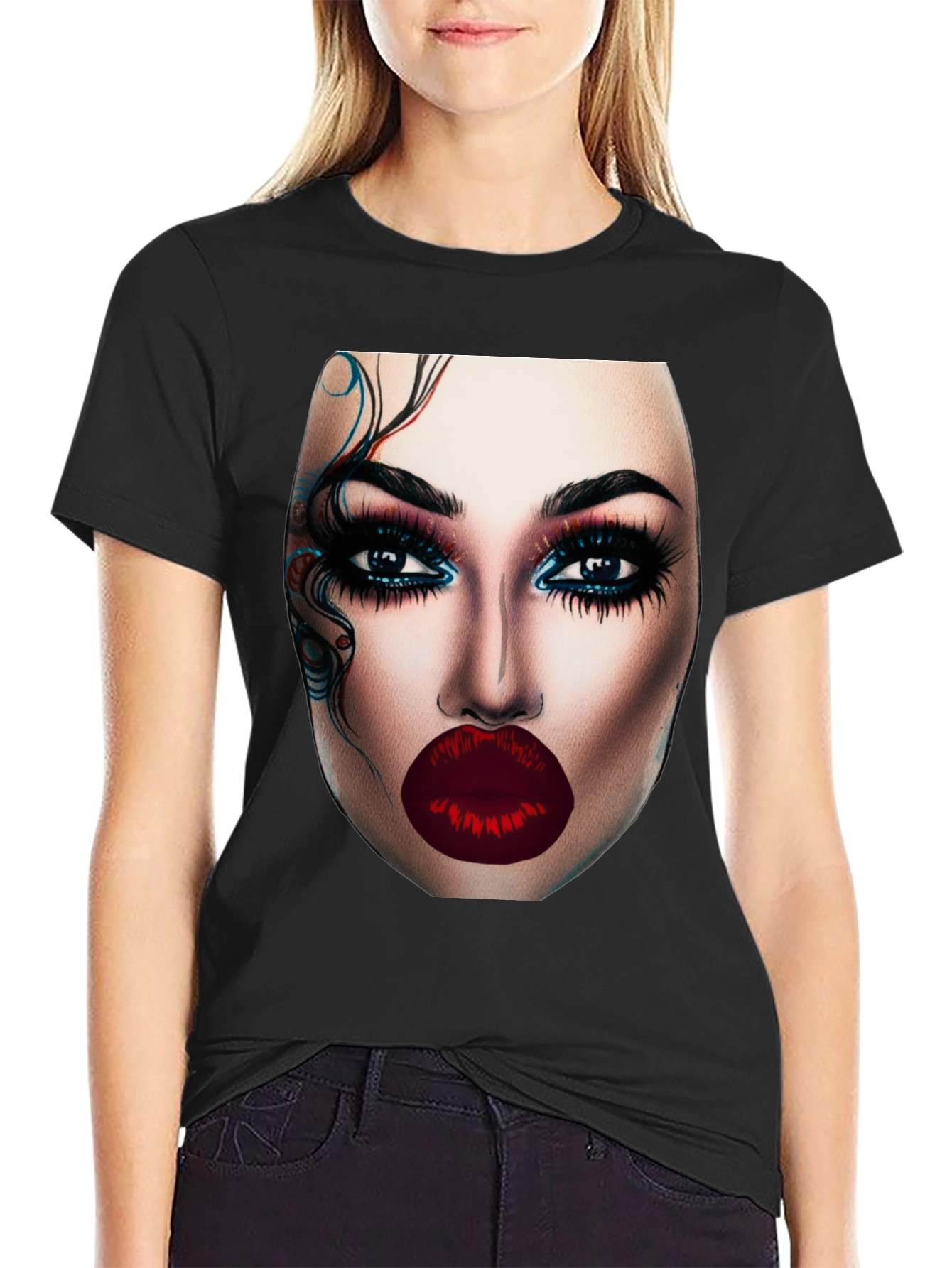 Glamorous Makeup Face Graphic Black T-Shirt