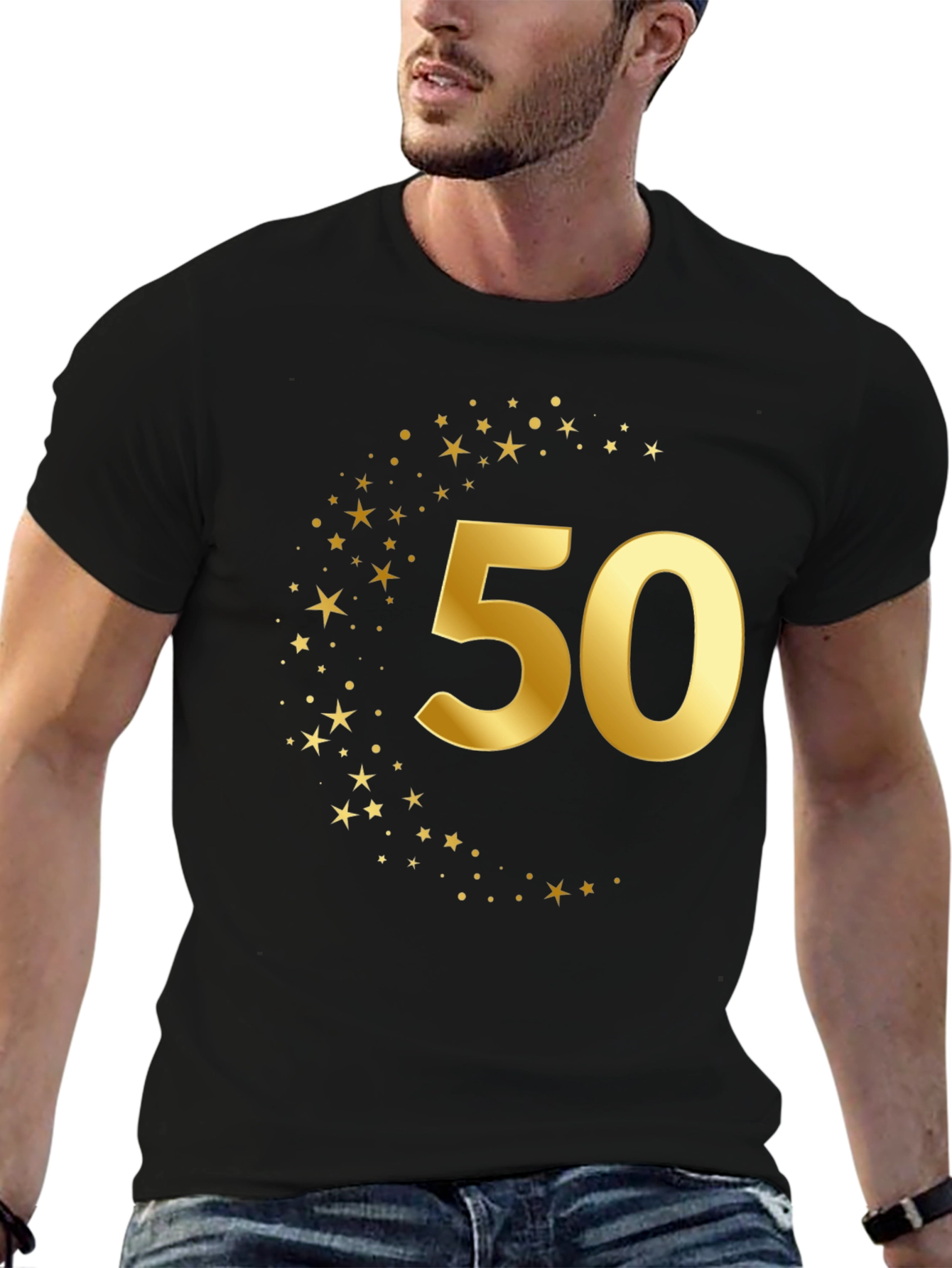 Gold 50th Birthday Star Graphic Black T-Shirt
