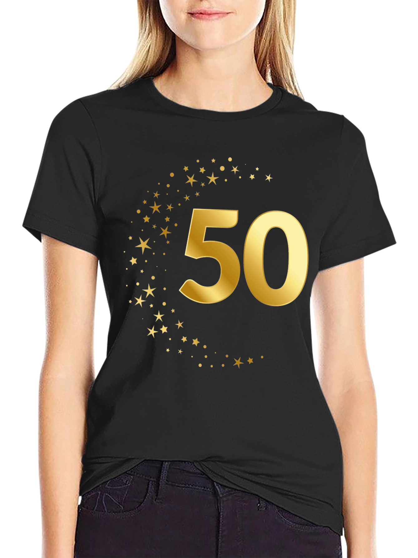 Gold 50th Birthday Star Graphic Black T-Shirt