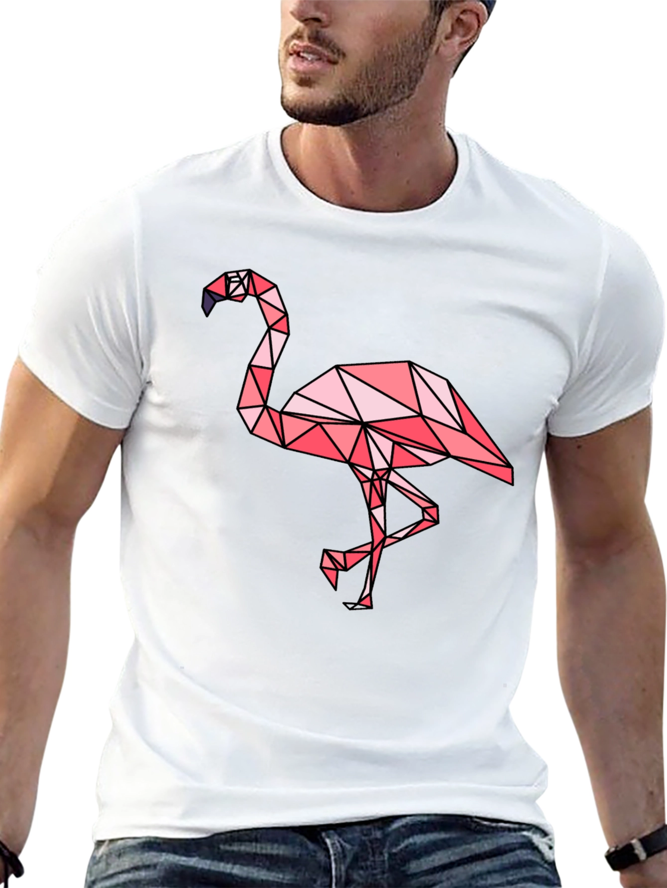 Geometric Flamingo Graphic Tee - Black Cotton Blend