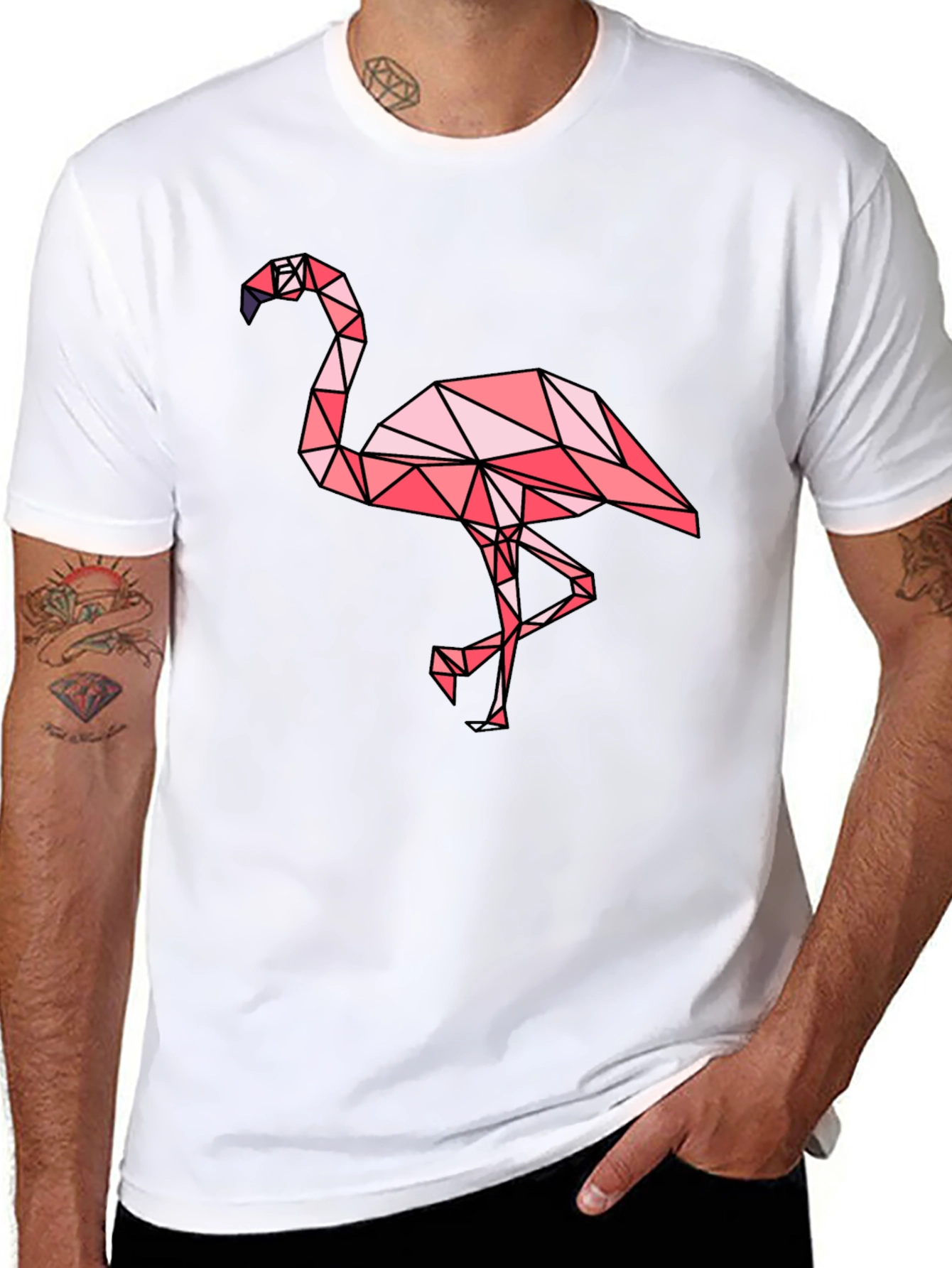 Geometric Flamingo Graphic Tee - Black Cotton Blend