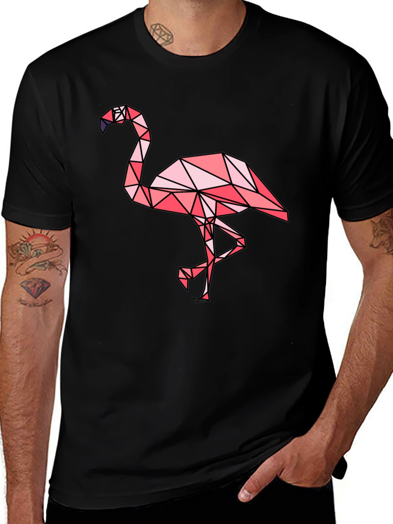 Geometric Flamingo Graphic Tee - Black Cotton Blend