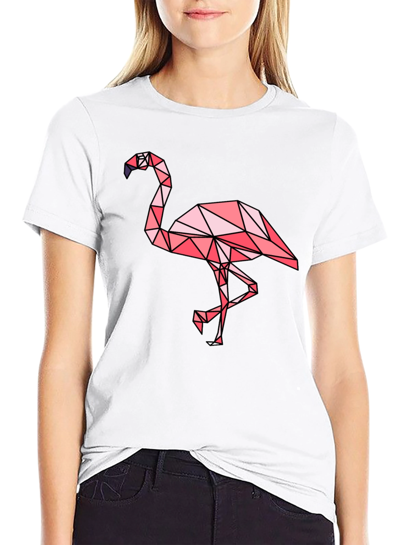 Geometric Flamingo Graphic Tee - Black Cotton Blend