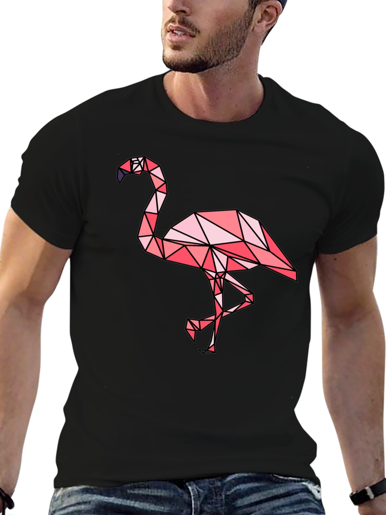 Geometric Flamingo Graphic Tee - Black Cotton Blend