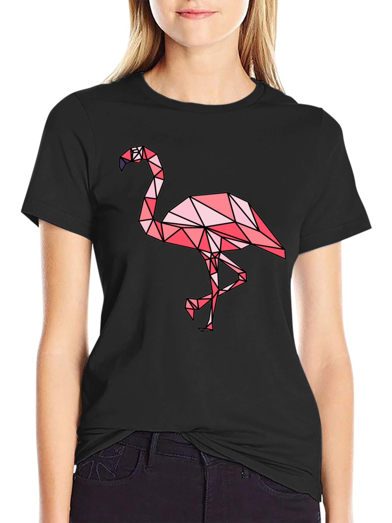 Geometric Flamingo Graphic Tee - Black Cotton Blend