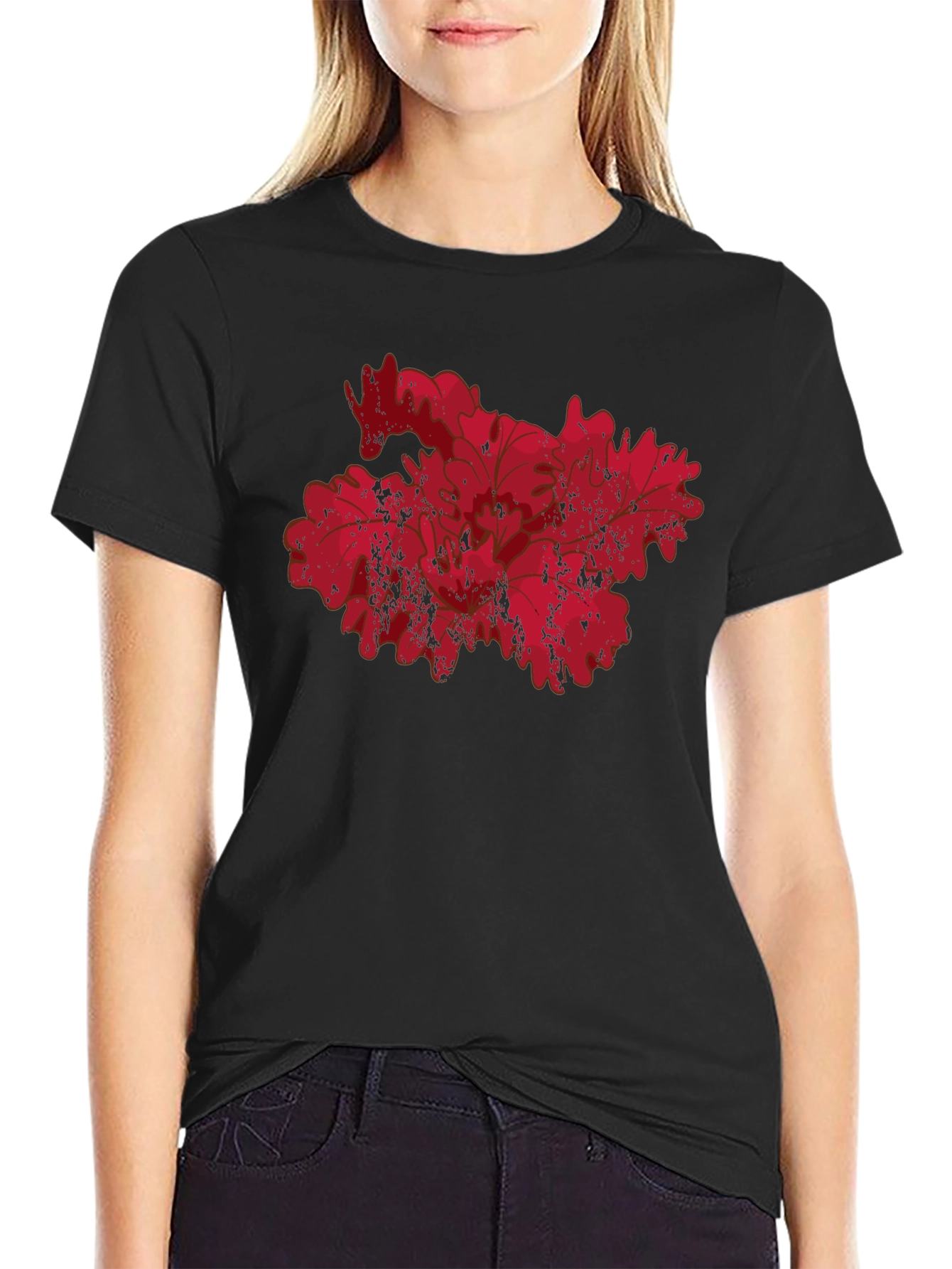 Red Floral Grunge Graphic Black T-Shirt