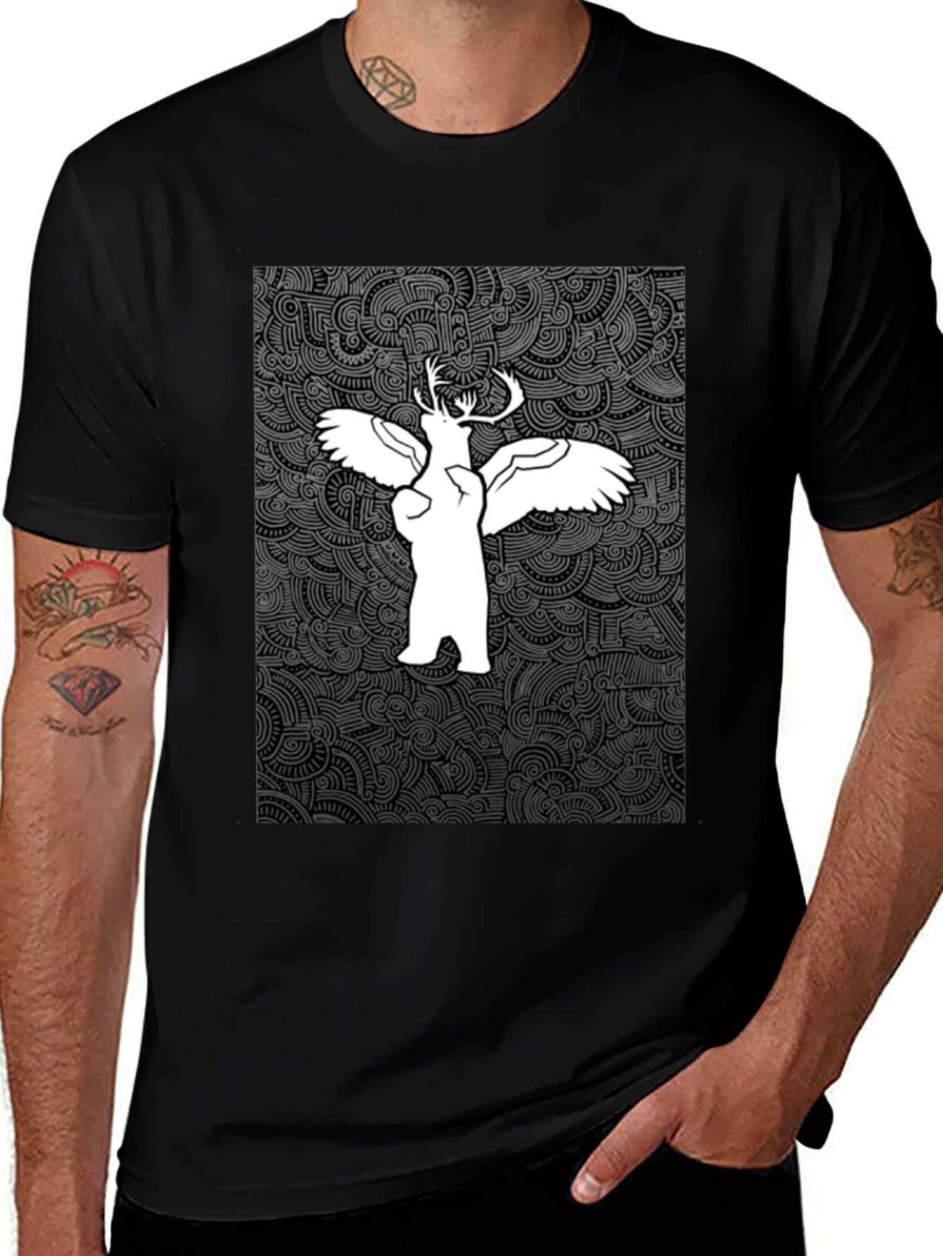 Unique Graphic Print Tee - Bear Deer Angel Fusion