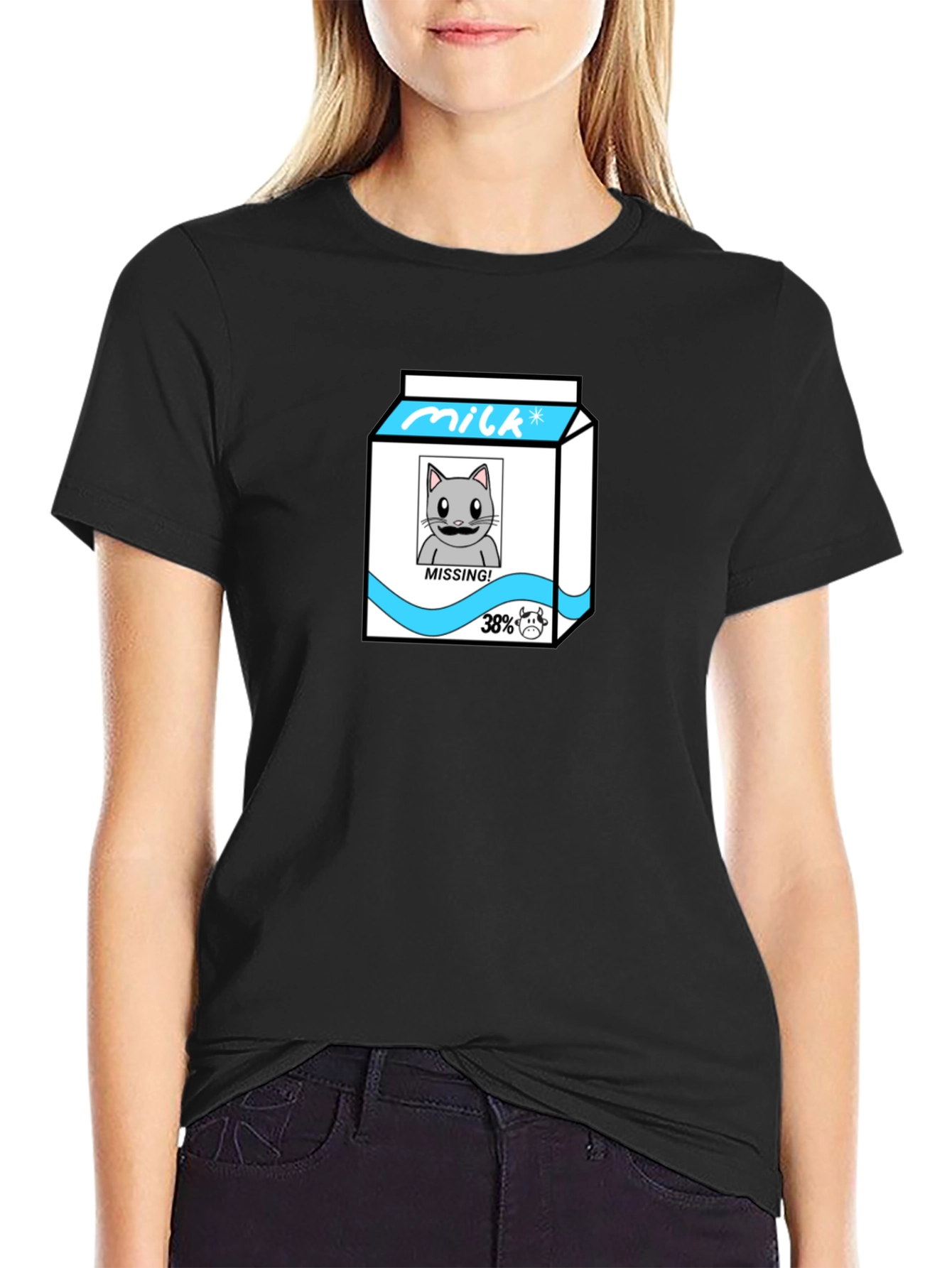 Funny Missing Cat Milk Cartoon T-Shirt