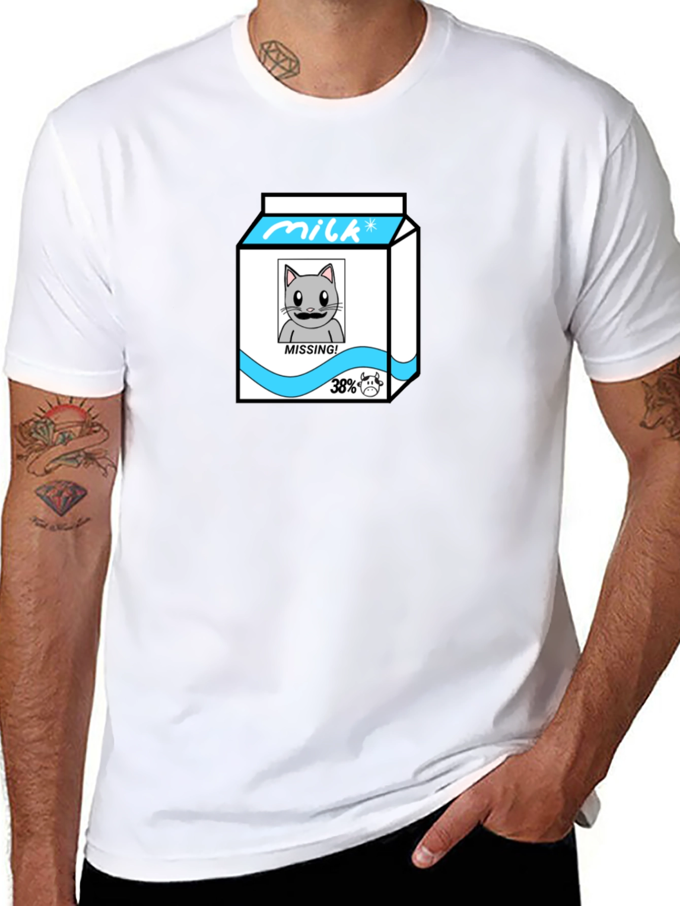 Funny Missing Cat Milk Cartoon T-Shirt