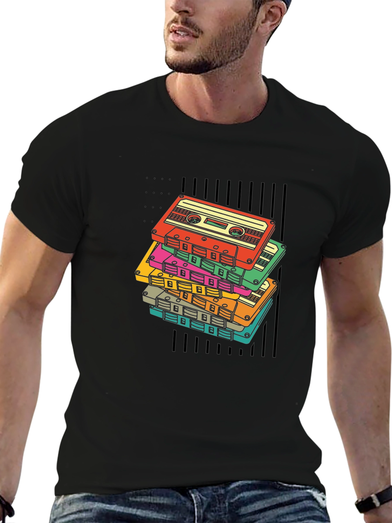 Retro Cassette Tape Stack Graphic T-Shirt