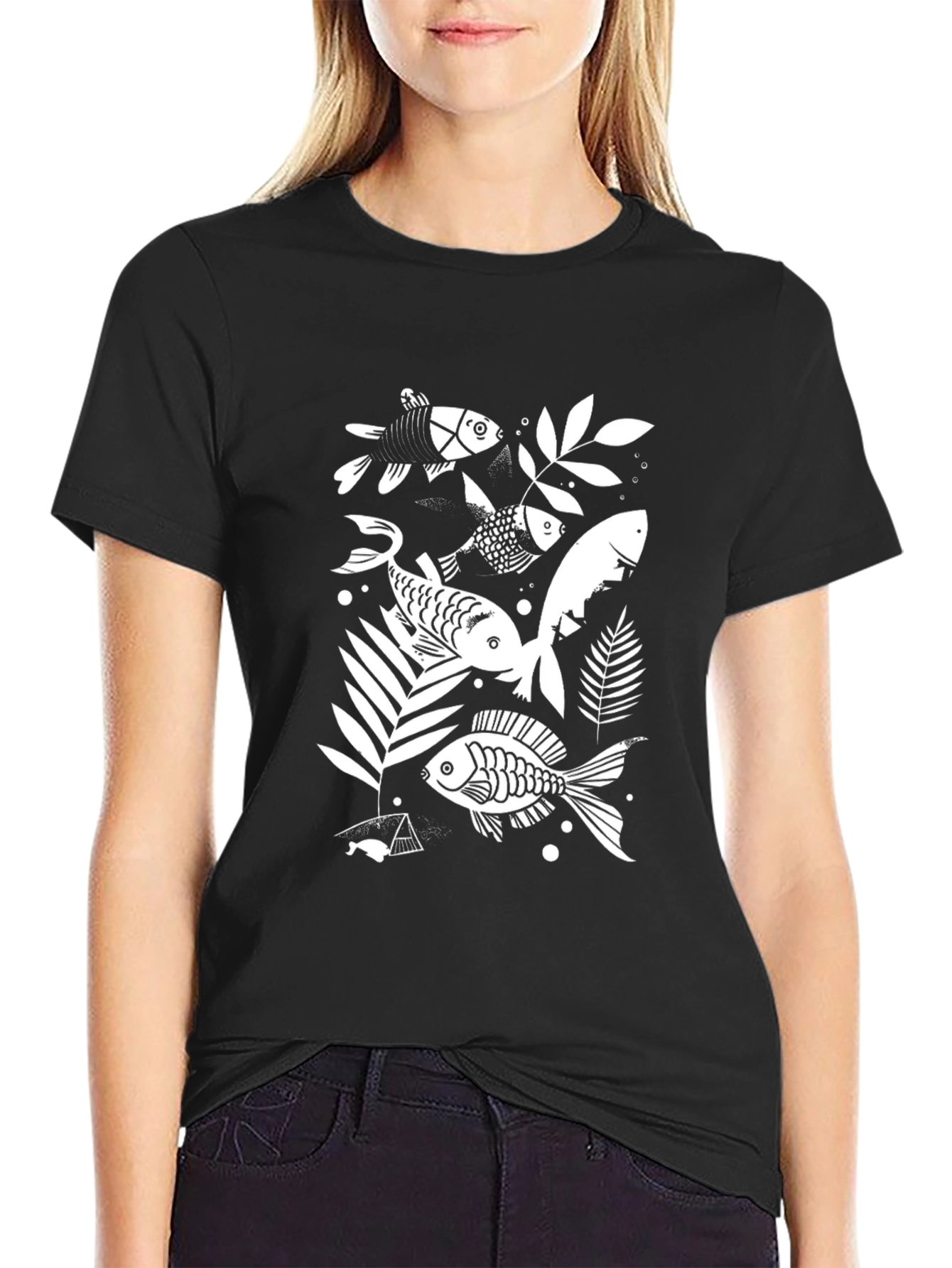 Unique Fish Print Black T-Shirt