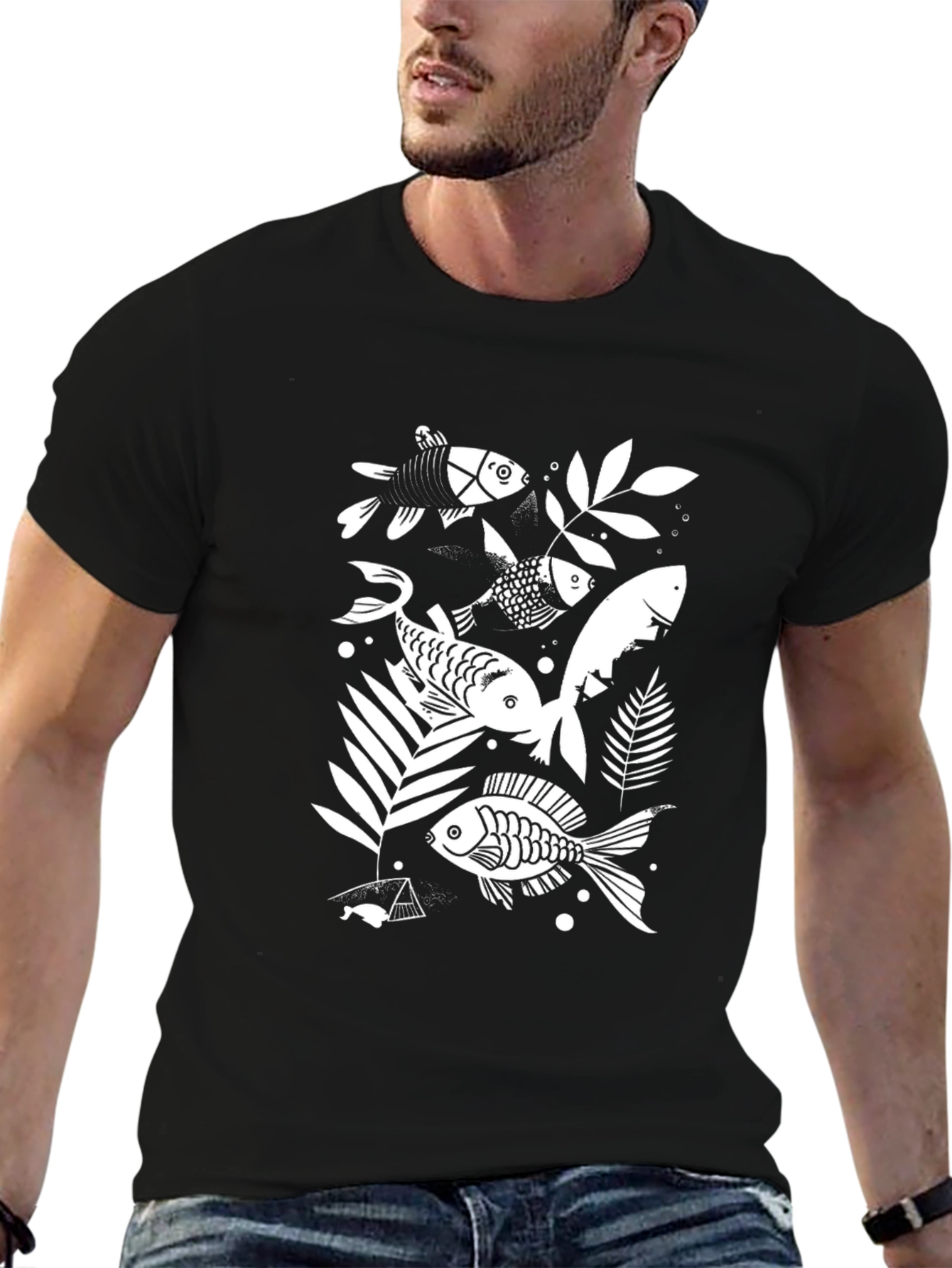 Unique Fish Print Black T-Shirt