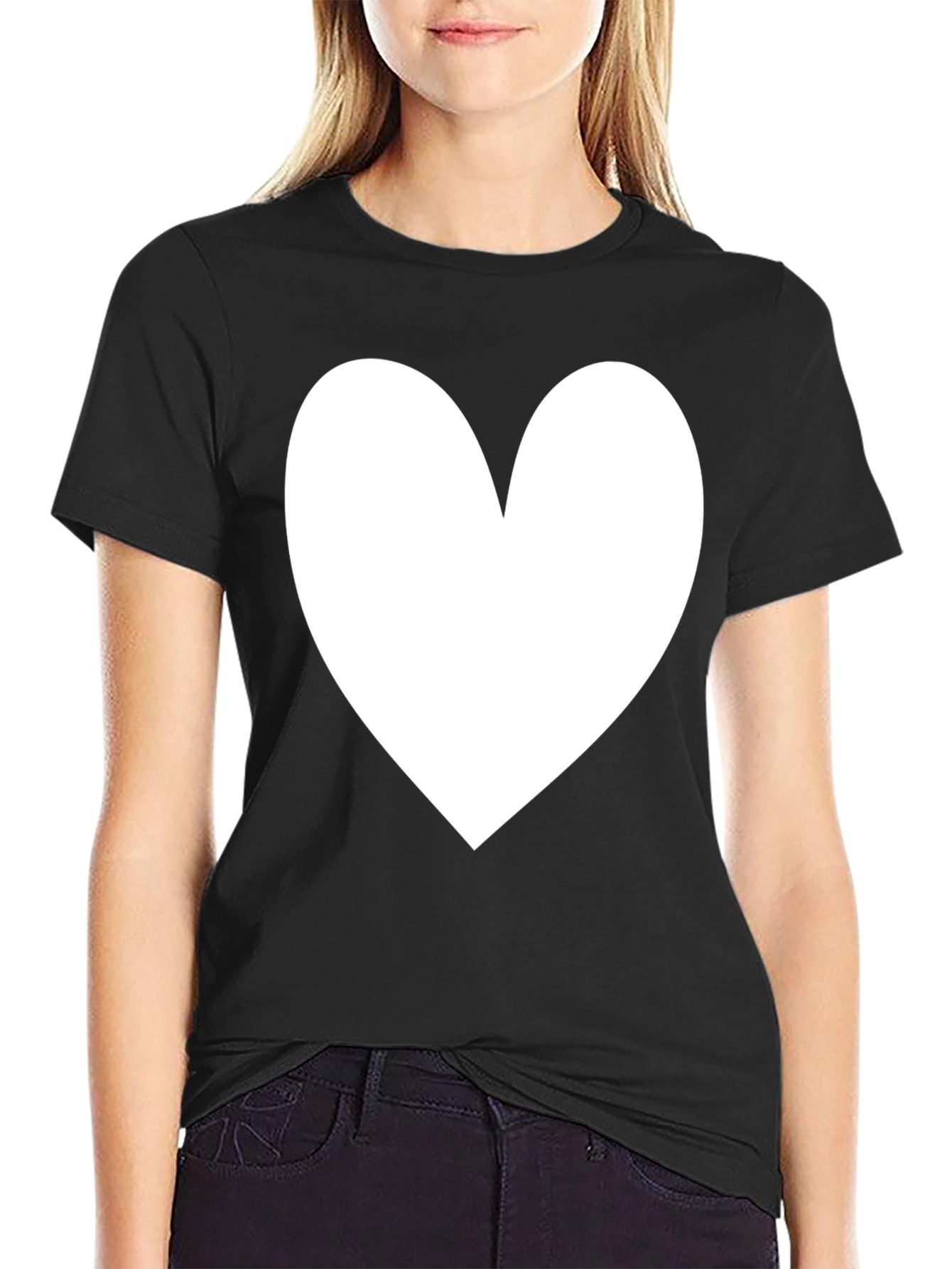 Black T-Shirt with White Heart Graphic