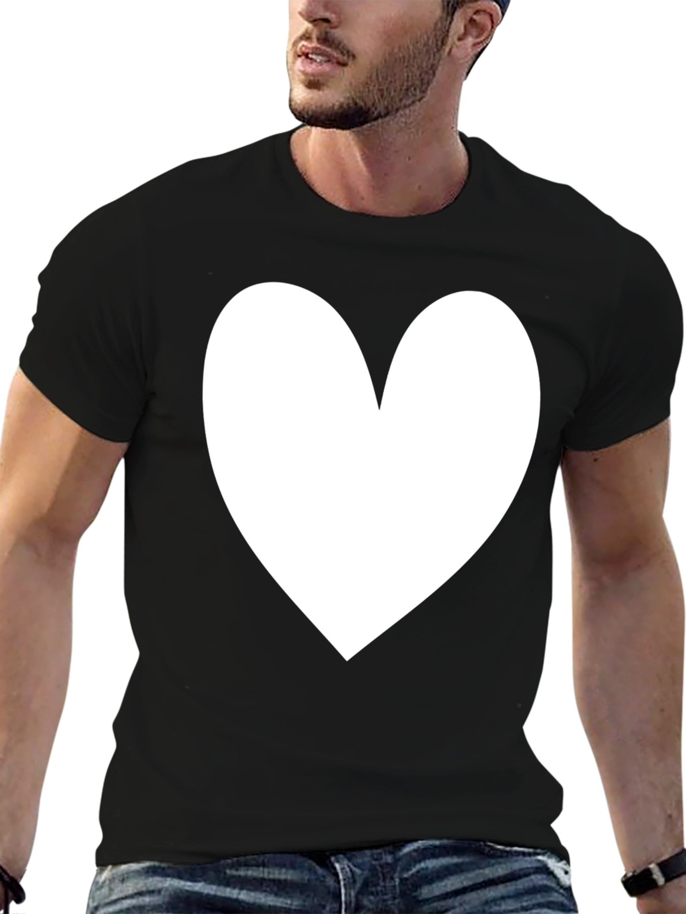Black T-Shirt with White Heart Graphic