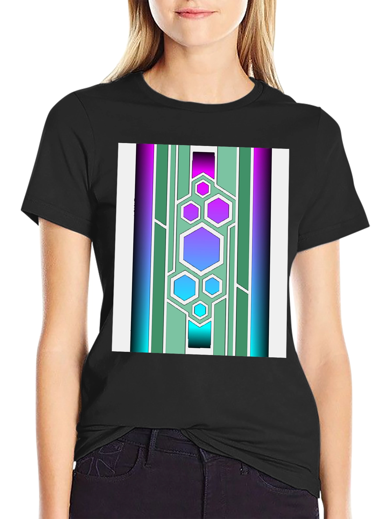 Geometric Hexagon Print Mens Black Tee
