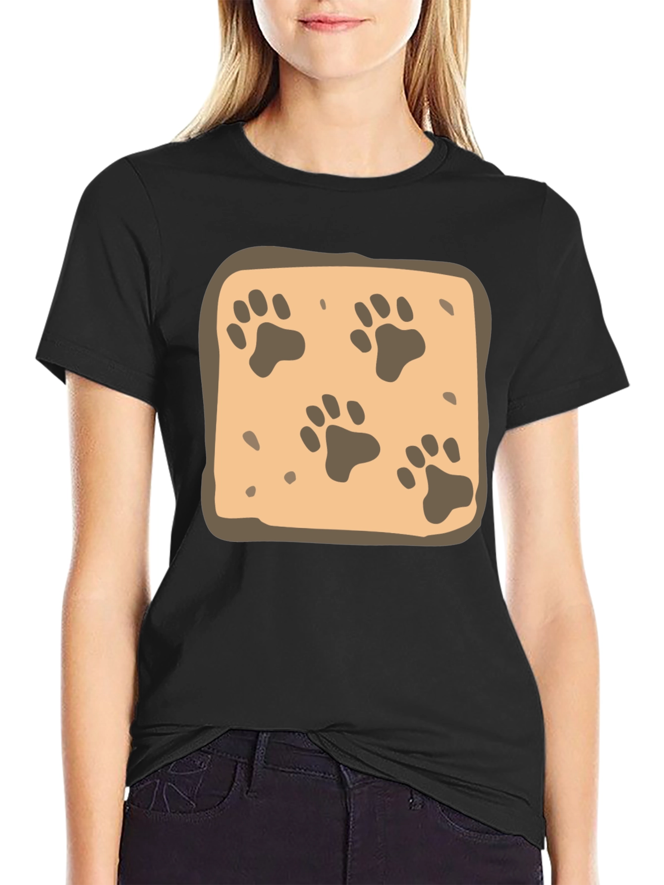 Paw Print Pattern Tee - Black Cotton Casual