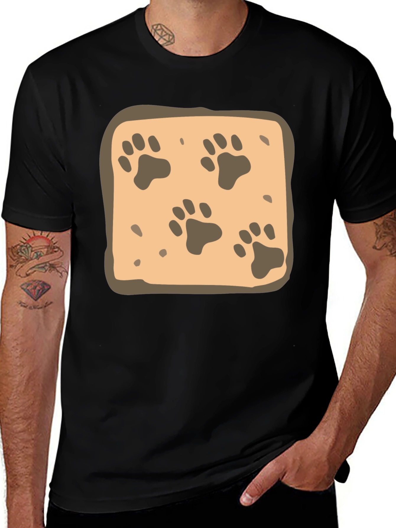 Paw Print Pattern Tee - Black Cotton Casual