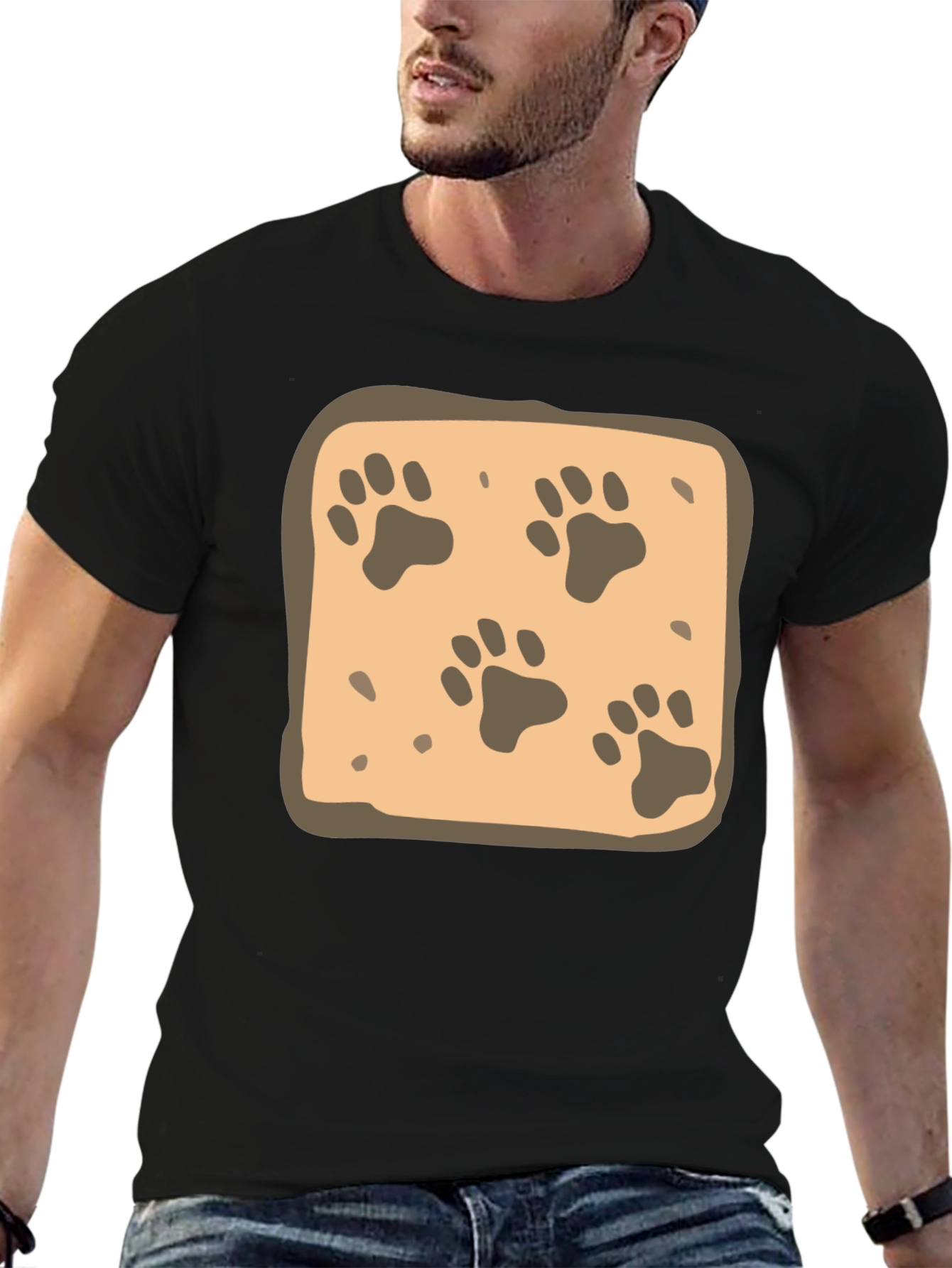 Paw Print Pattern Tee - Black Cotton Casual