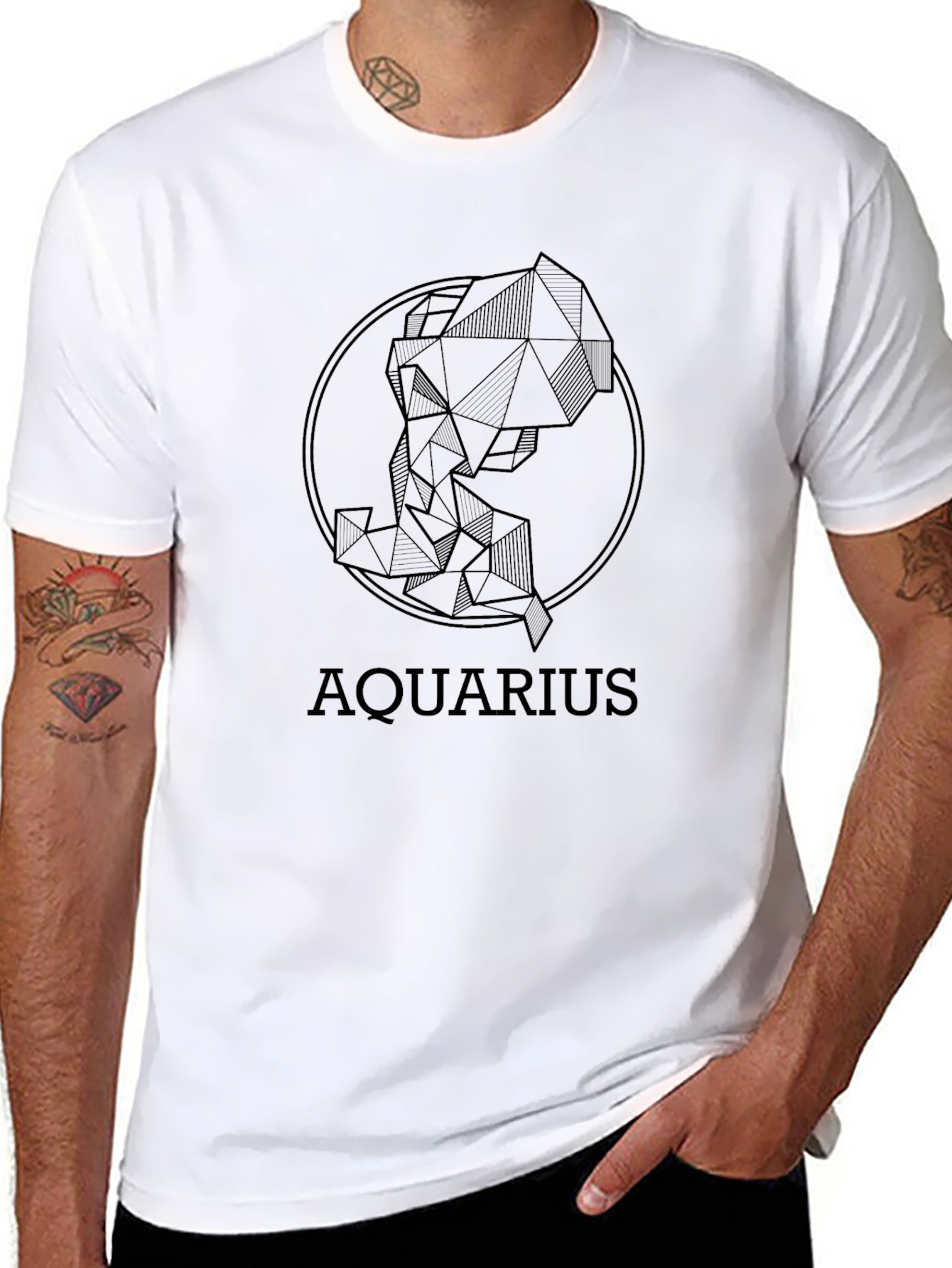 Aquarius Zodiac Sign Geometric Graphic Tee - Black