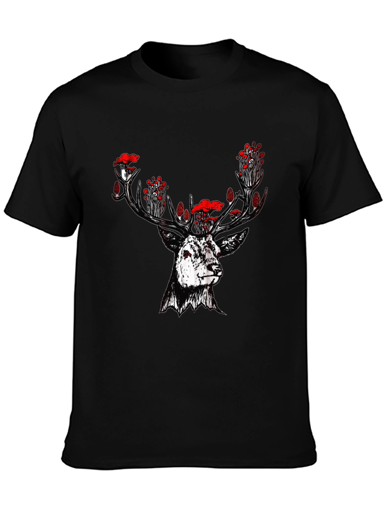 Deer Mushroom Graphic Tee - Black Cotton T-Shirt