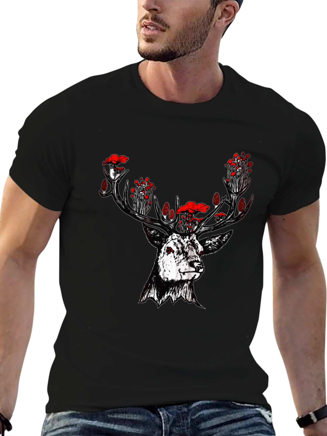 Deer Mushroom Graphic Tee - Black Cotton T-Shirt